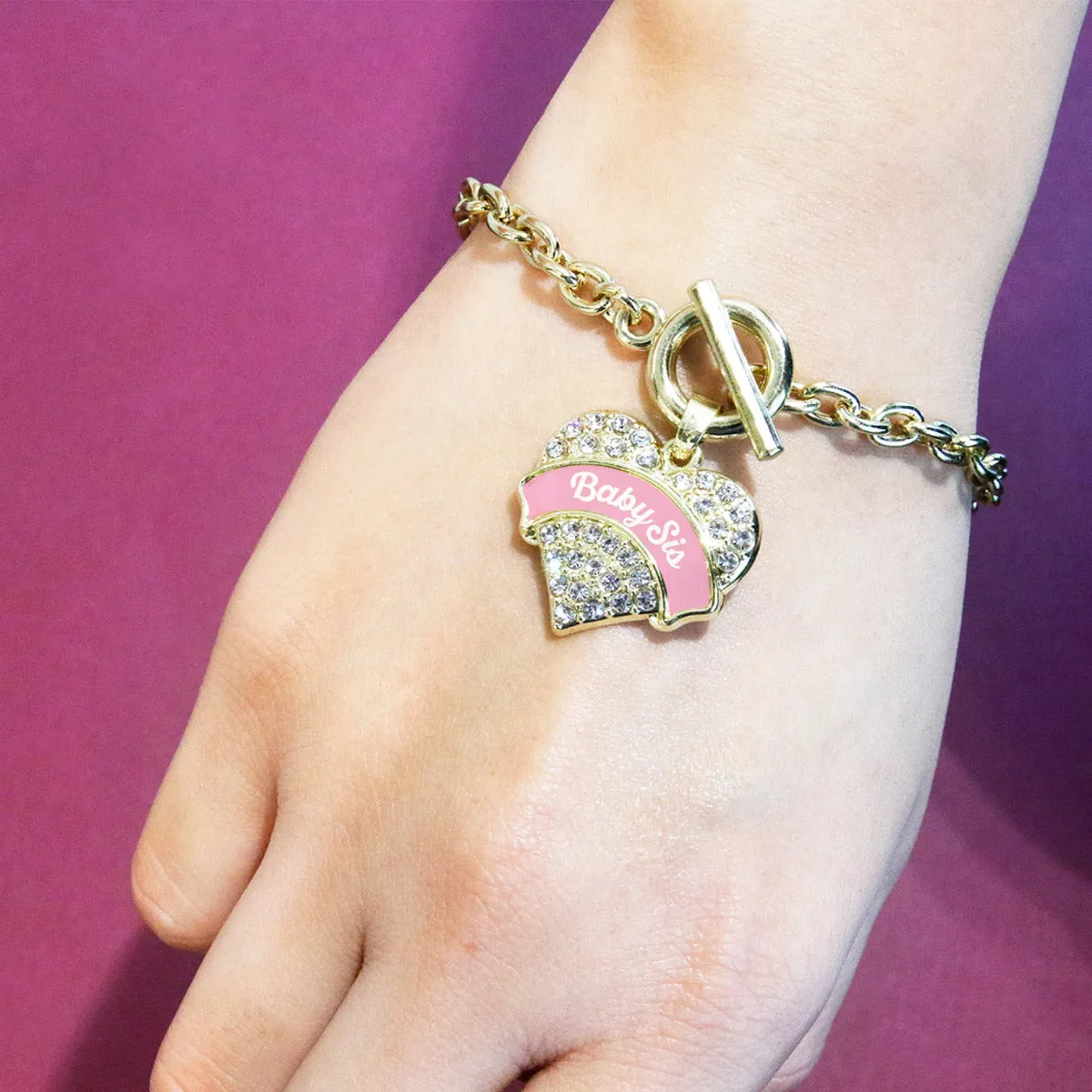 Gold Pink Baby Sister Pave Heart Charm Toggle Bracelet