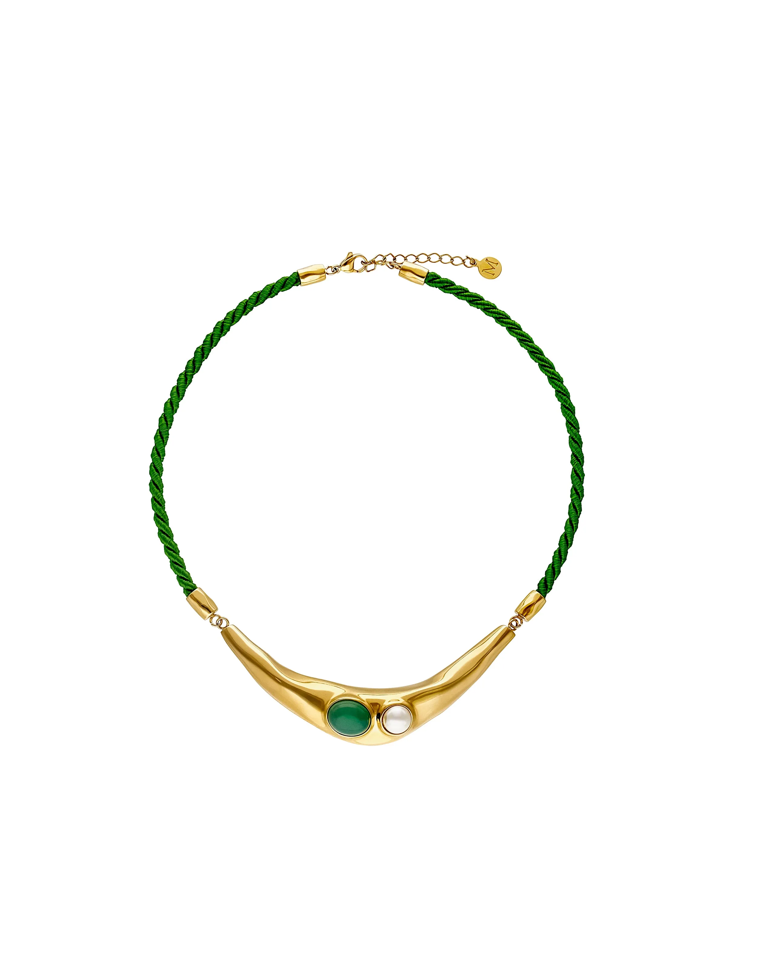 Gold Plated Sterling Silver Necklace for Women with Organic Simulated Pearl and Green Agate, 8mm Half Ball White Pearl, 40cm Length, Feme Collection