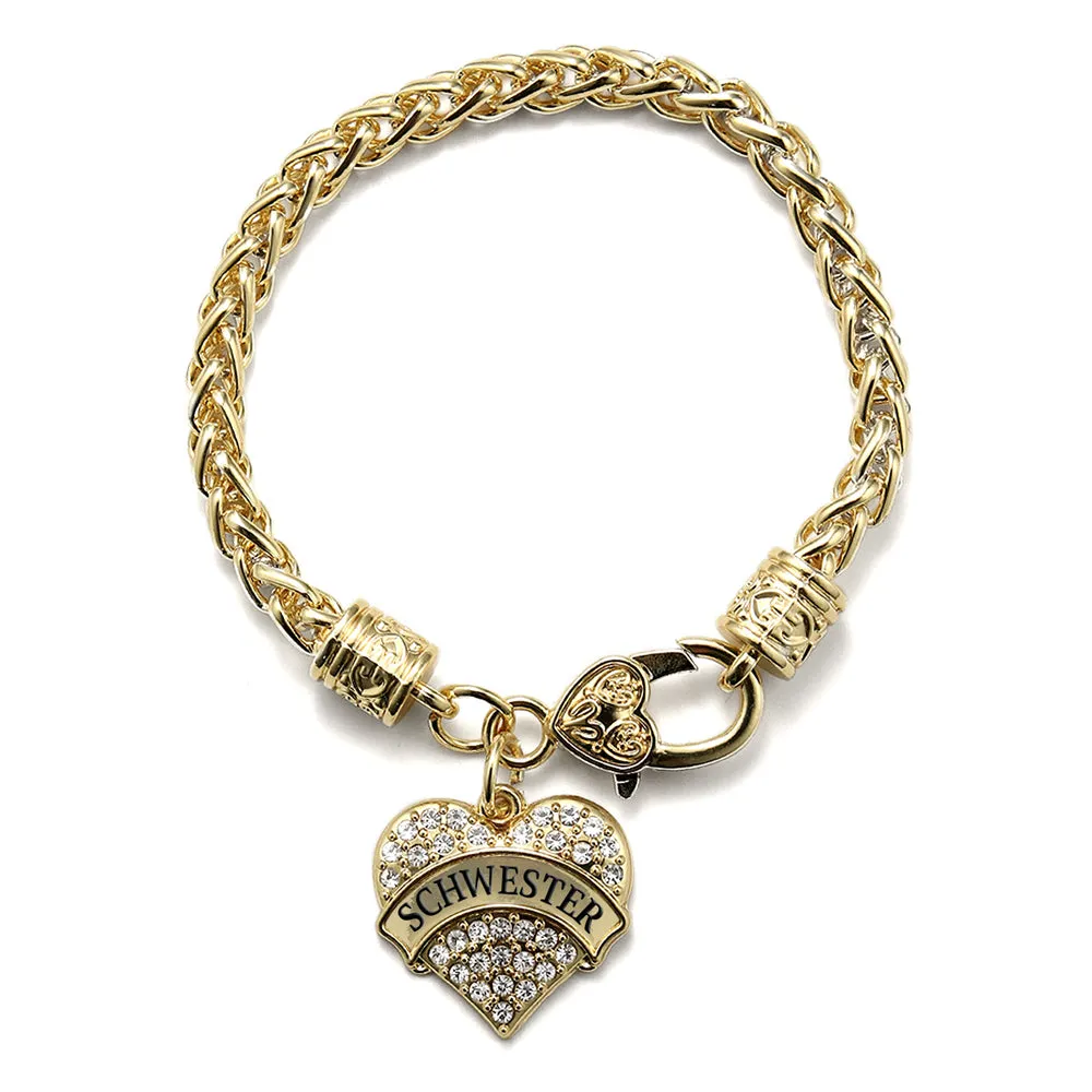 Gold Schwester - Sister in German Pave Heart Charm Braided Bracelet