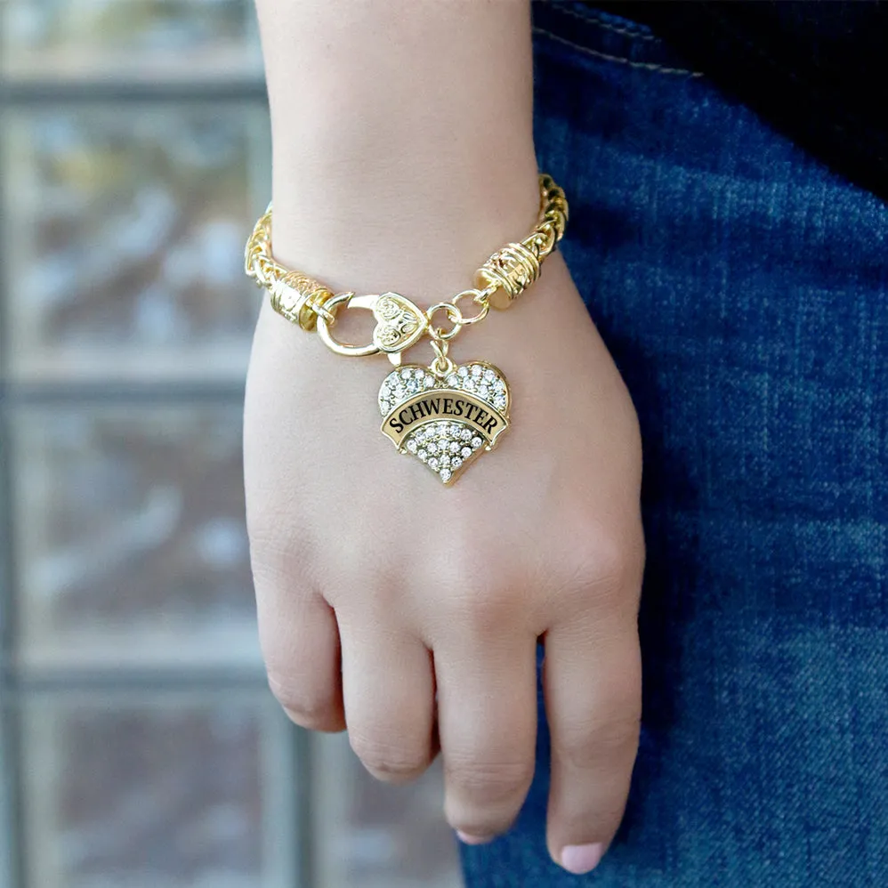 Gold Schwester - Sister in German Pave Heart Charm Braided Bracelet