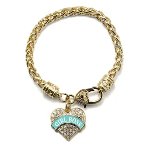 Gold Teal Girl Boss Pave Heart Charm Braided Bracelet