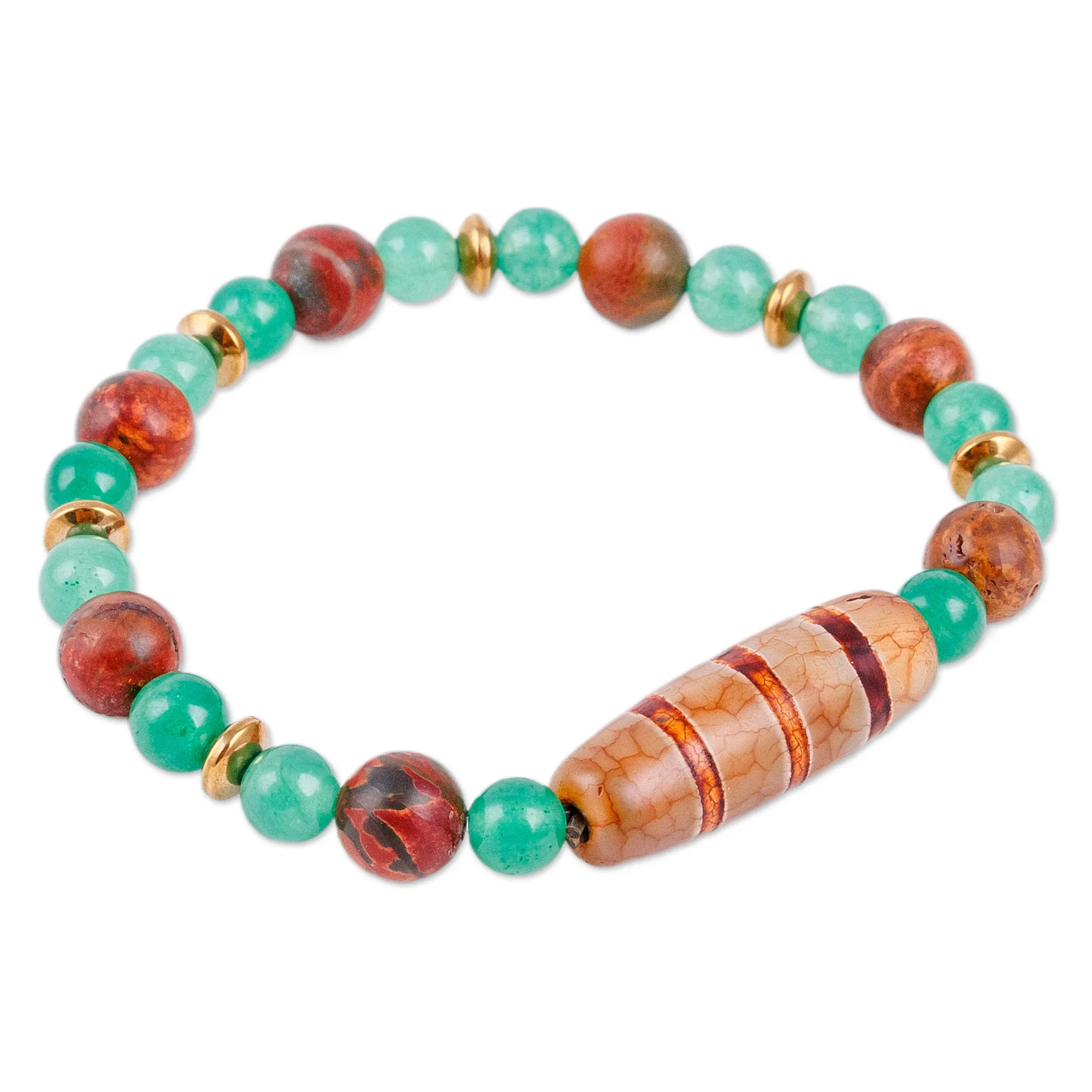 Green and Brown Striped Dzi Multi-Gemstone Beaded Bracelet - Island Dzi | NOVICA