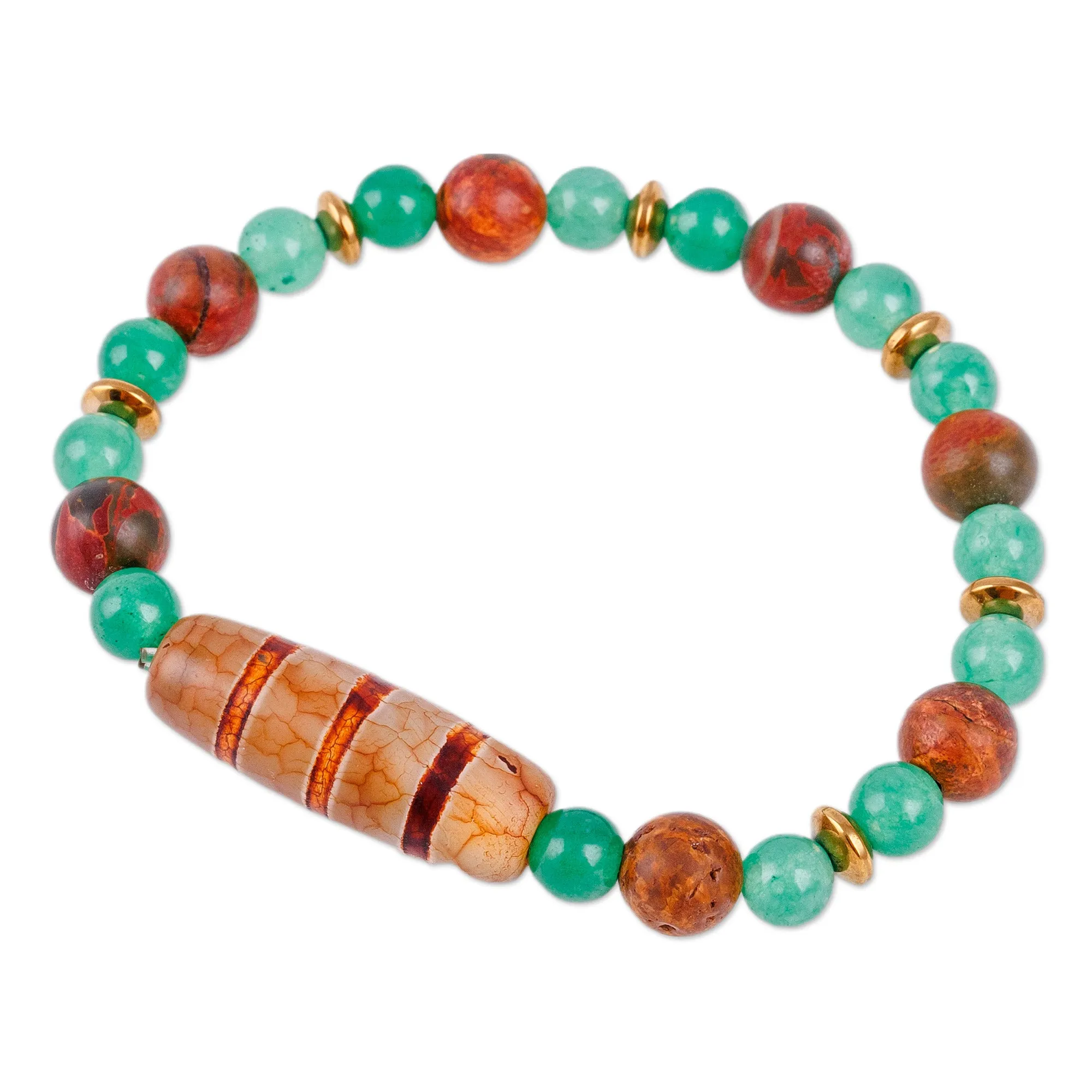 Green and Brown Striped Dzi Multi-Gemstone Beaded Bracelet - Island Dzi | NOVICA