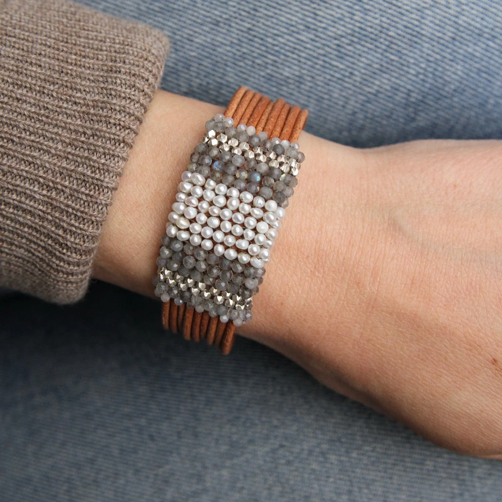 Hand Stitched Sterling Cubes, Labradorite, Pearls, & Moonstone Bracelet