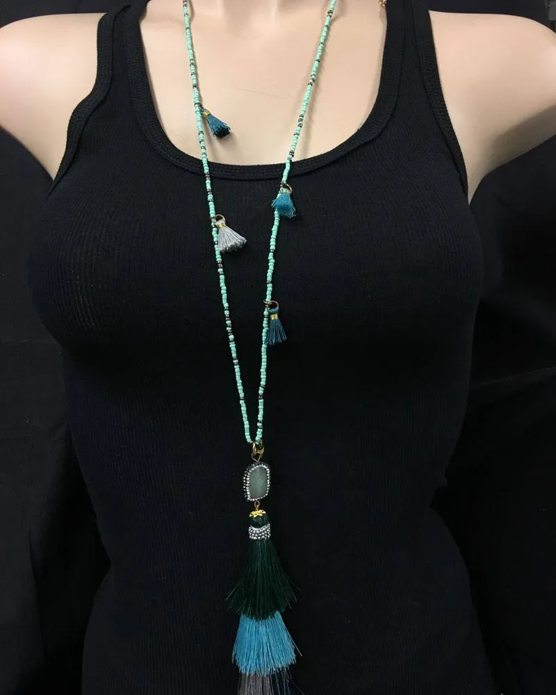 Hand Strung Beaded 4 Tier Tassel Necklace