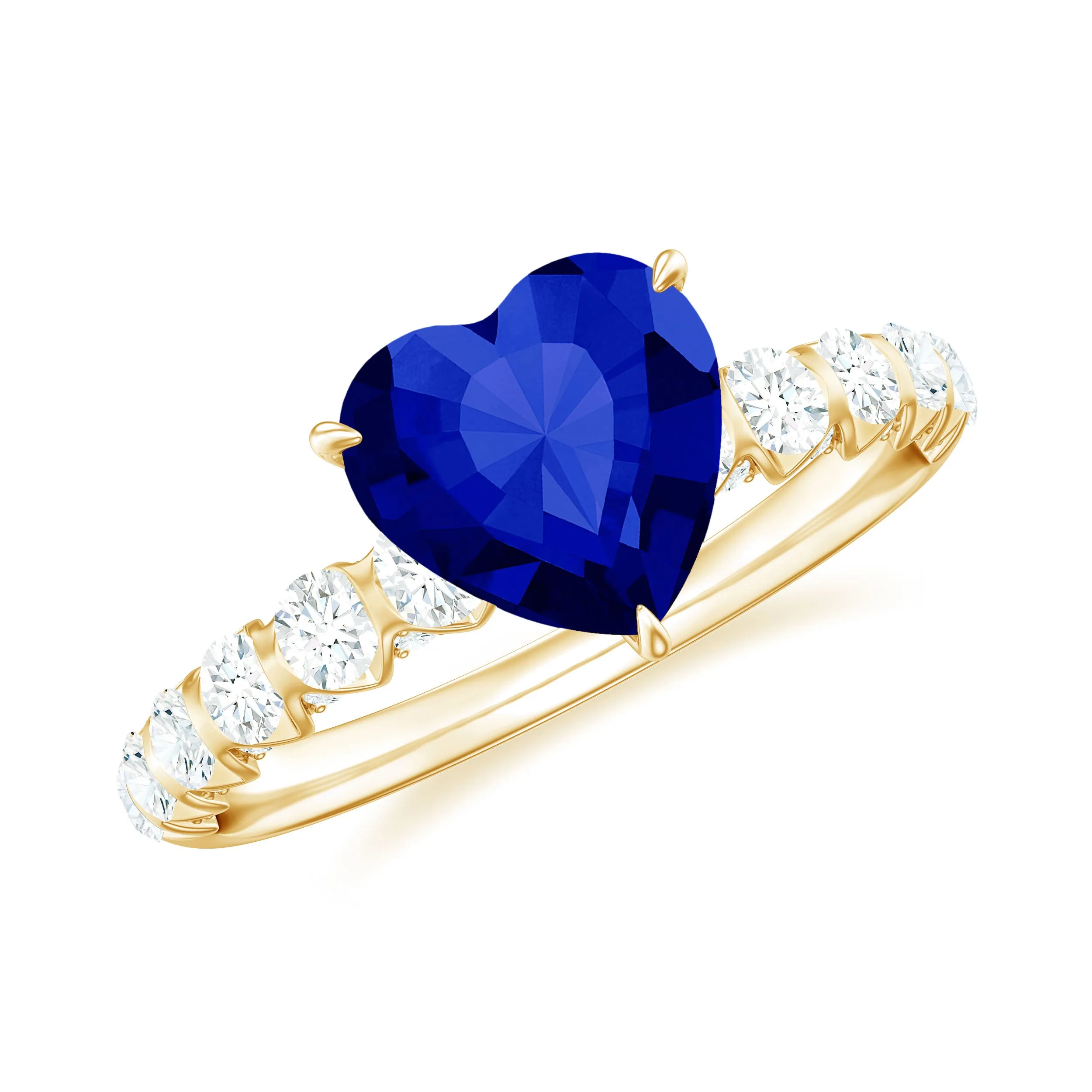 Heart Shape Lab Grown Blue Sapphire Solitaire Engagement Ring with Diamond