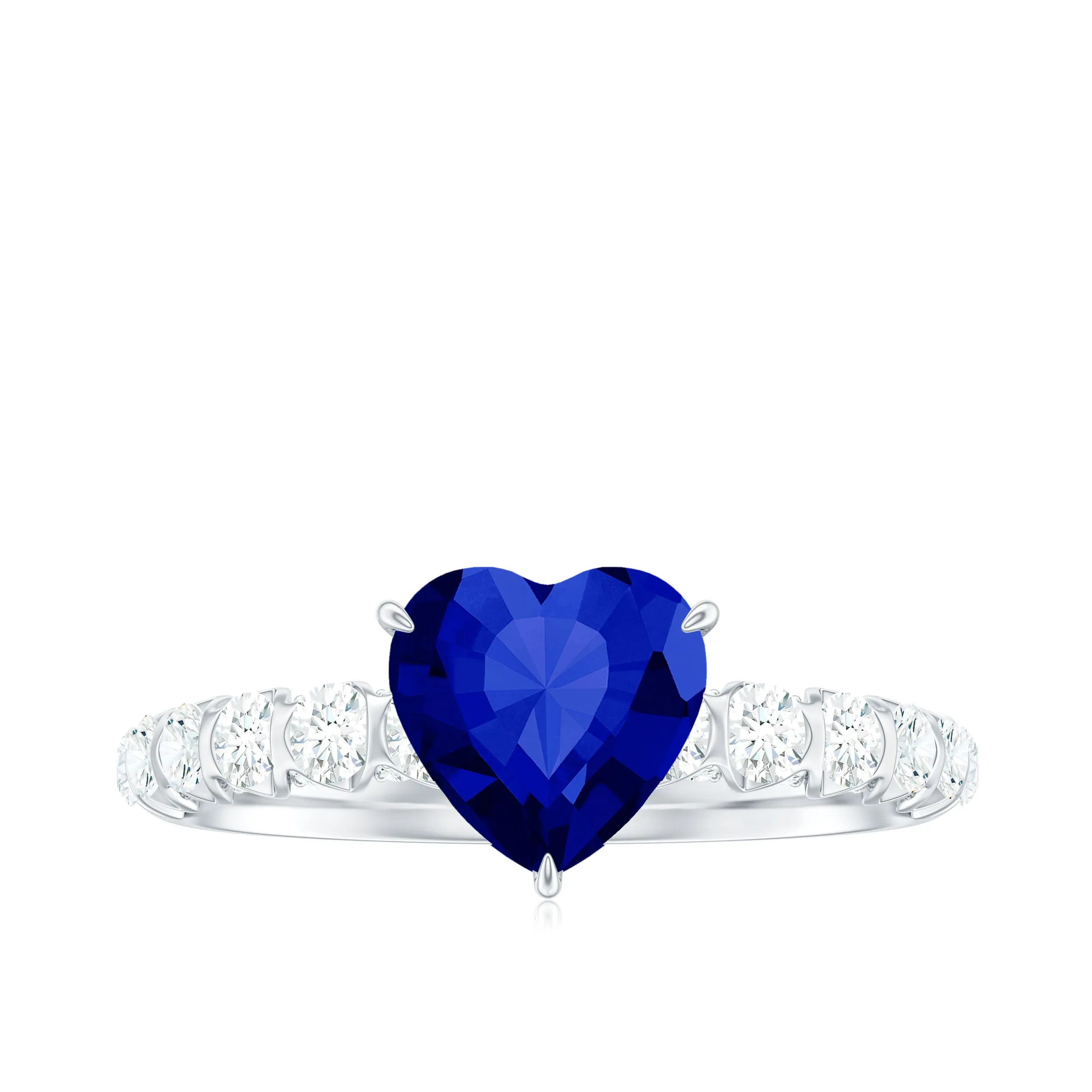 Heart Shape Lab Grown Blue Sapphire Solitaire Engagement Ring with Diamond