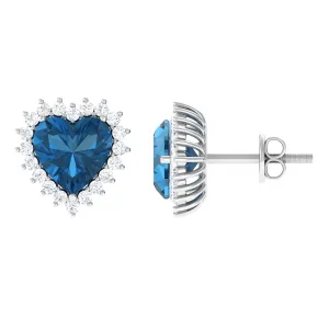 Heart Shape London Blue Topaz and Diamond Statement Stud Earrings