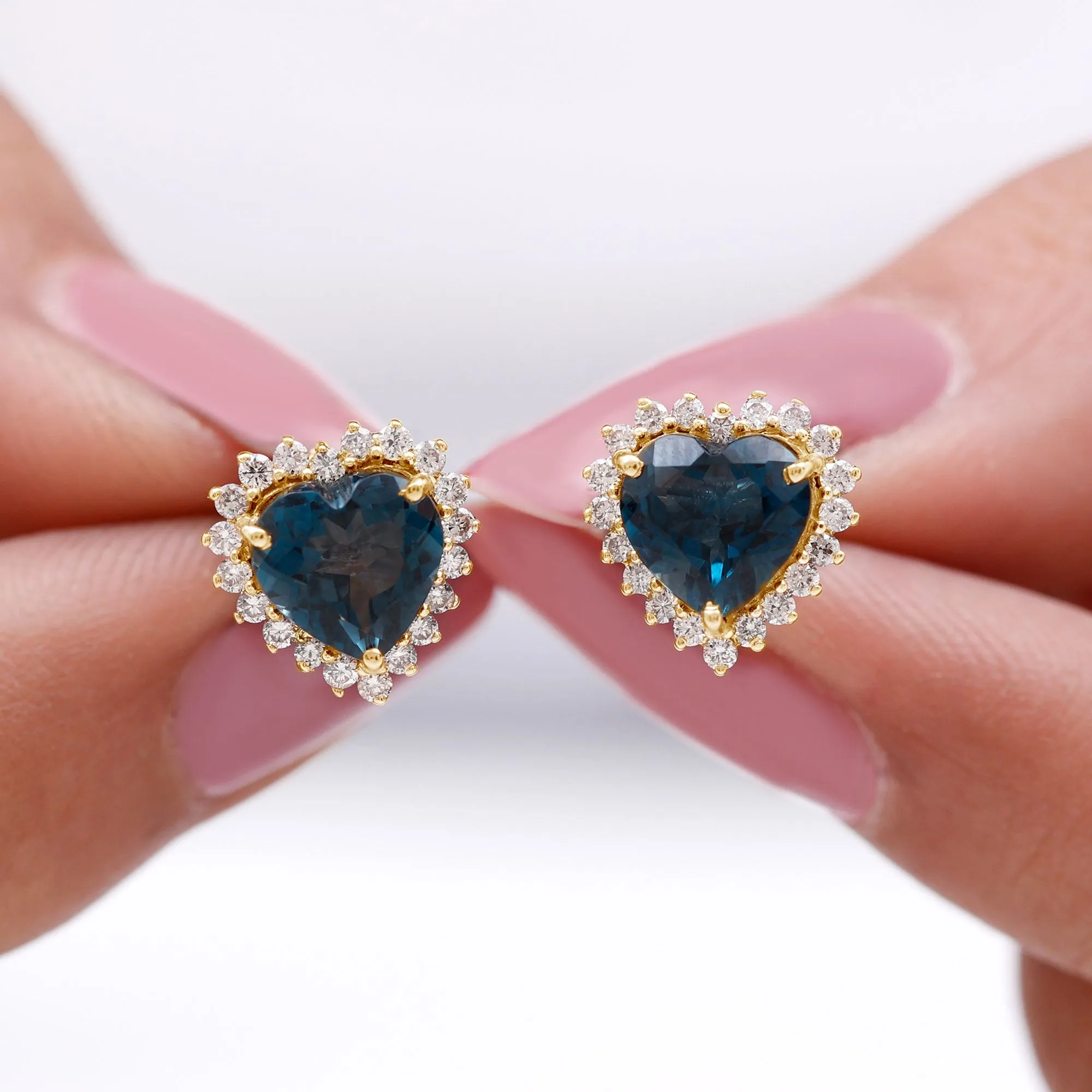 Heart Shape London Blue Topaz and Diamond Statement Stud Earrings