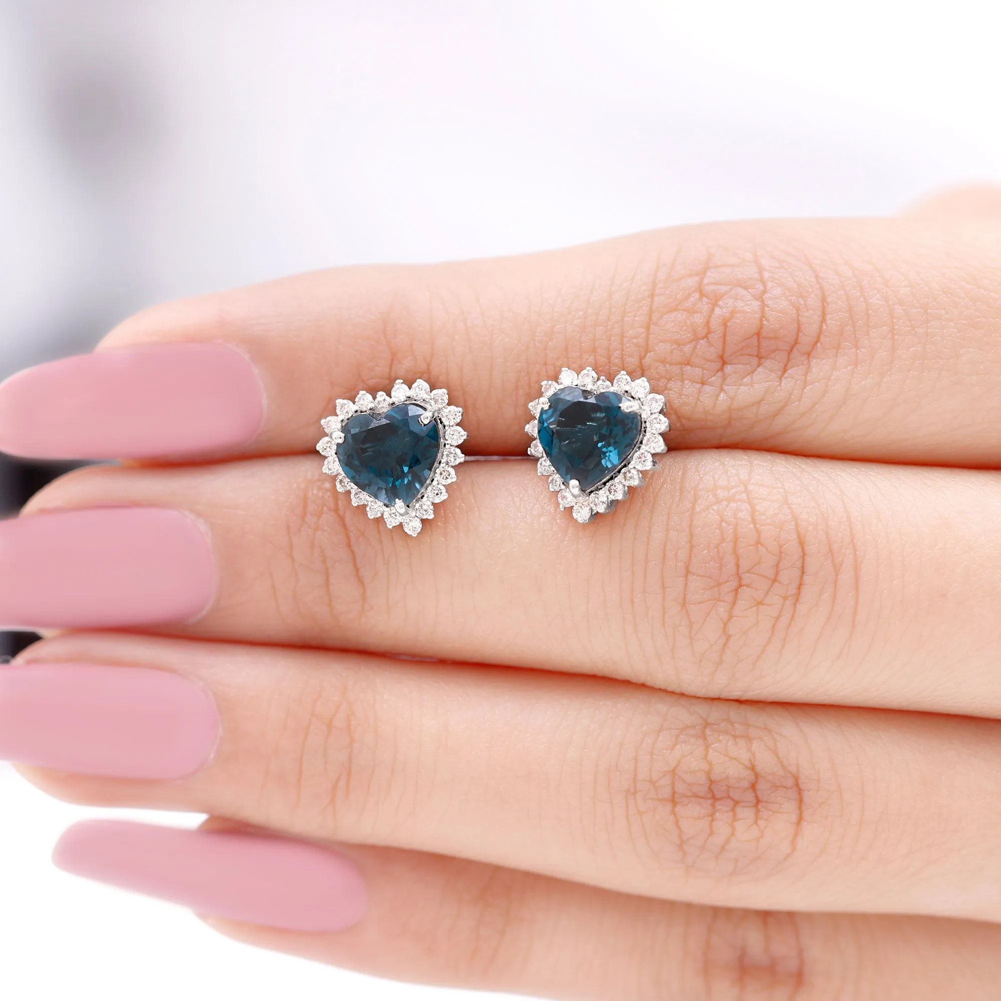 Heart Shape London Blue Topaz and Diamond Statement Stud Earrings