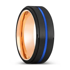 HIGA | Rose Gold Ring, Black Tungsten Ring, Blue Groove, Stepped Edge