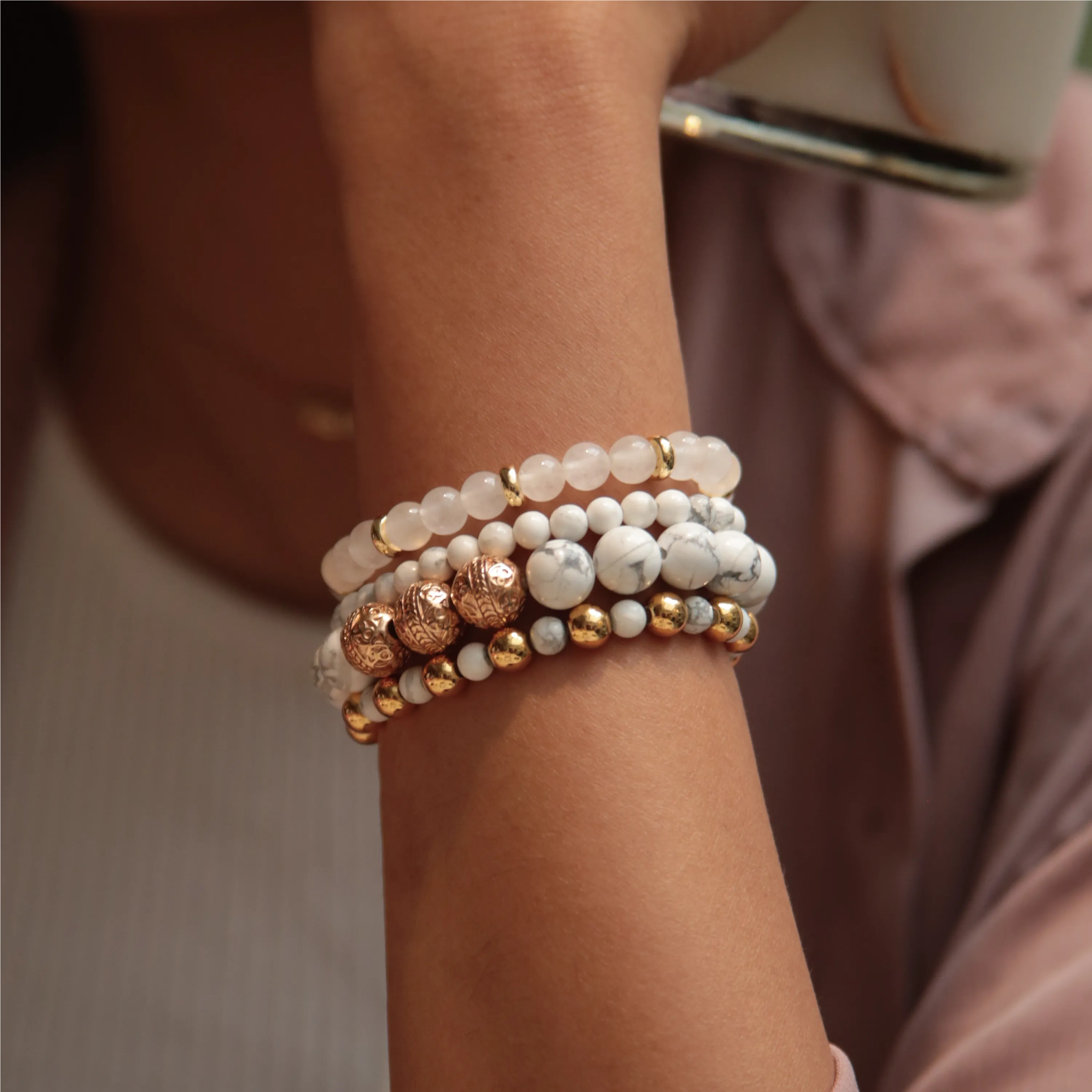 Howlite Rose Gold Bracelet with Howlite and White Jade Bracelet