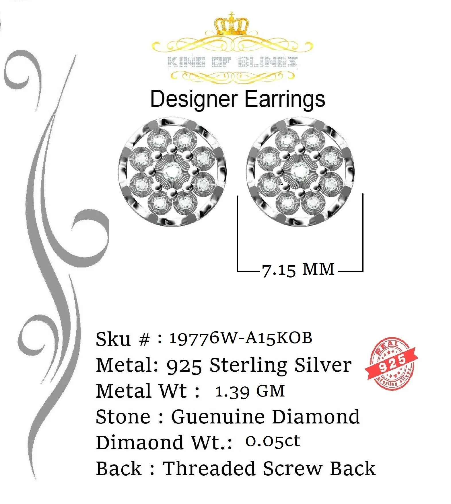 King Of Bling's 0.05ct Diamond 925 Sterling Silver White For Men's & Women's Floral Earrings