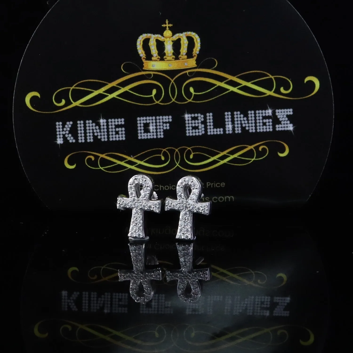 King of Bling's 0.50ct VVS 'D' Moissanite Men's/Womens 925 Silver White Ankh Stud Earrings