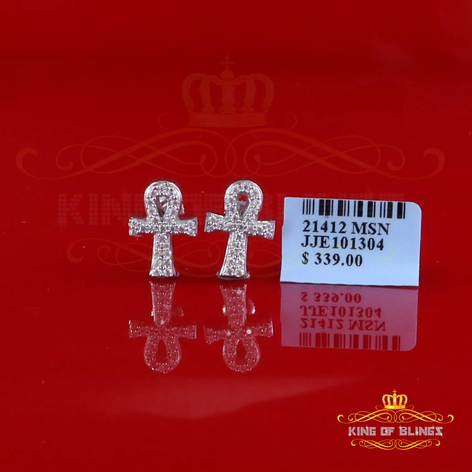 King of Bling's 0.50ct VVS 'D' Moissanite Men's/Womens 925 Silver White Ankh Stud Earrings