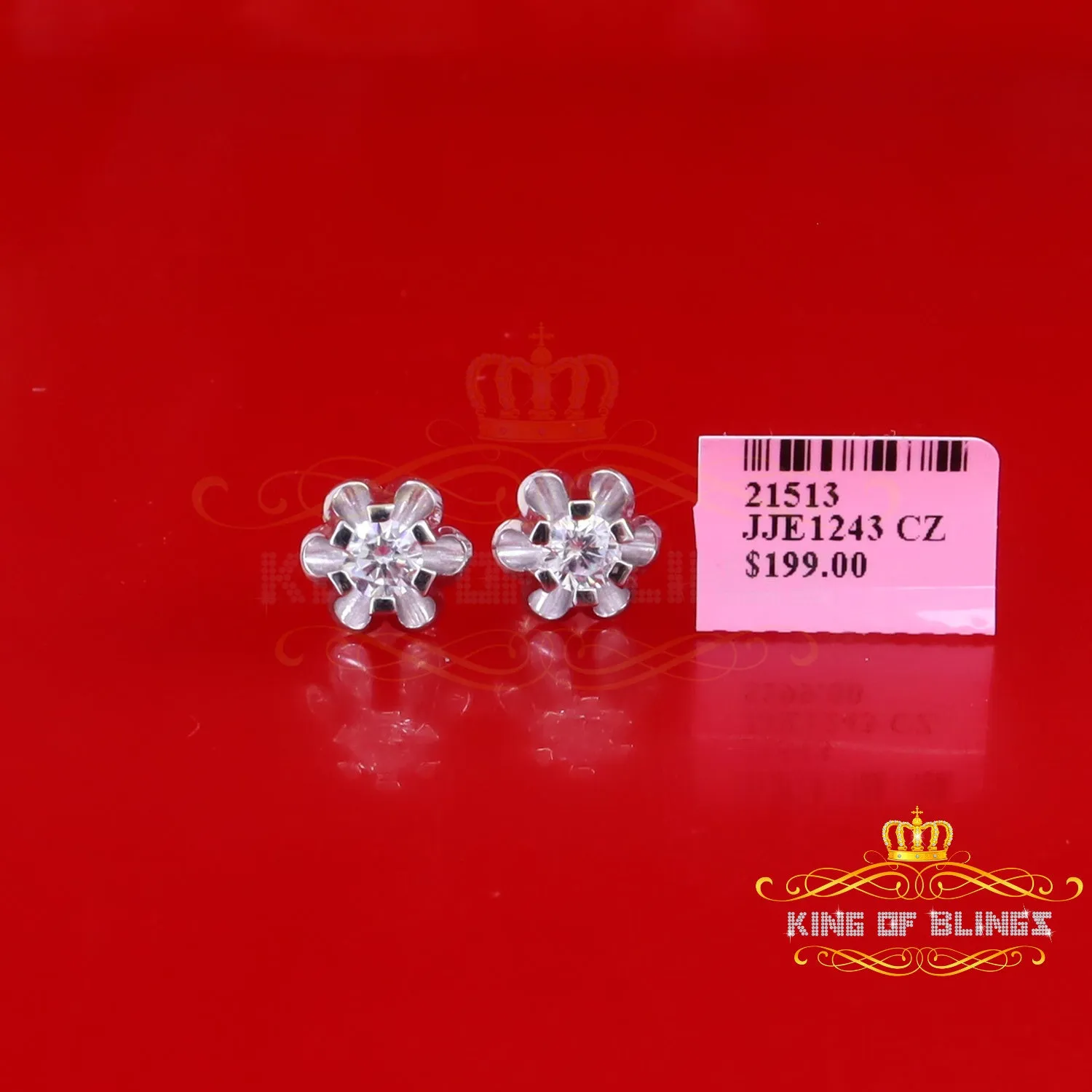 King of Bling's 1.00ct White Round Shape Silver Buttercup Stud Earrings Women's Cubic Zirconia