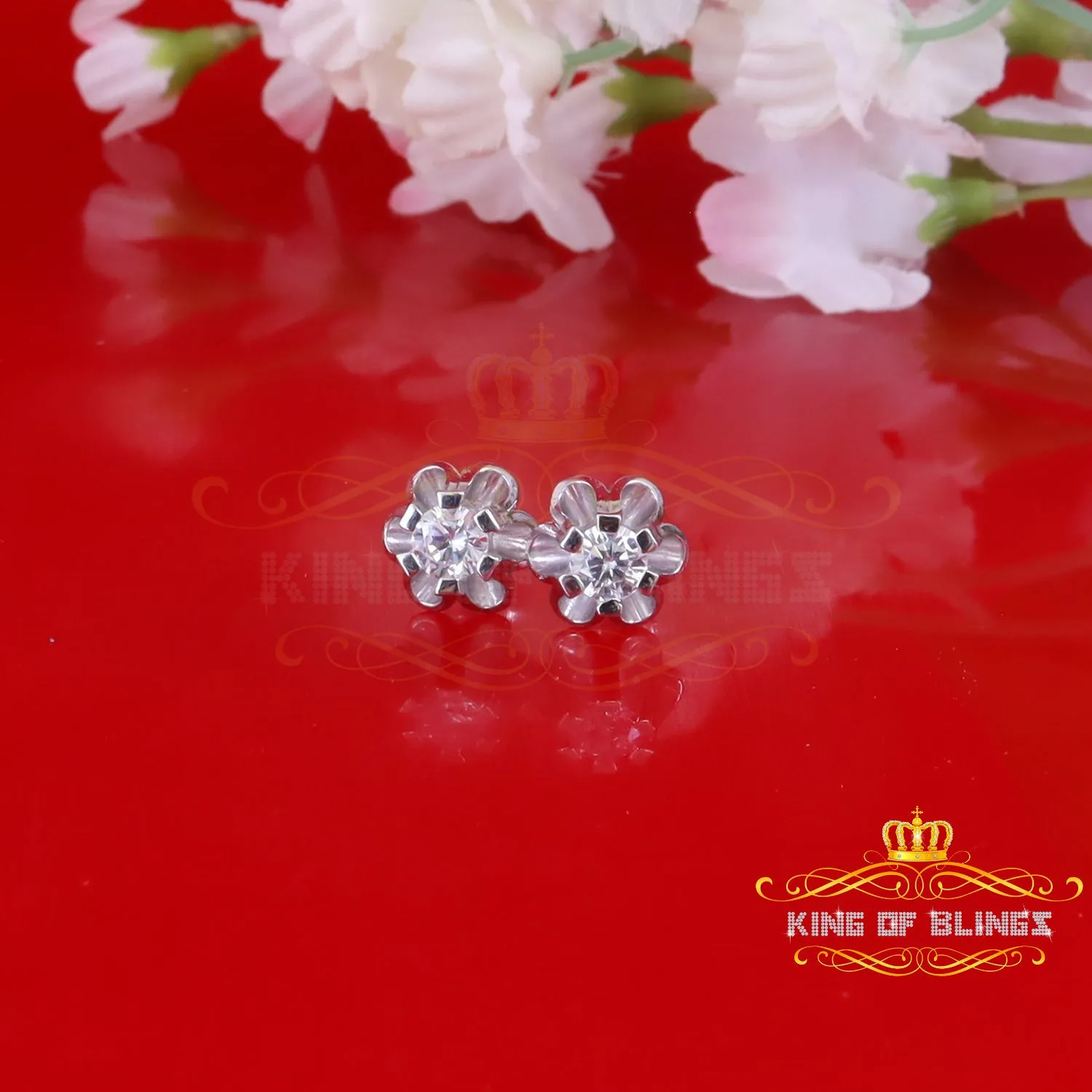 King of Bling's 1.00ct White Round Shape Silver Buttercup Stud Earrings Women's Cubic Zirconia