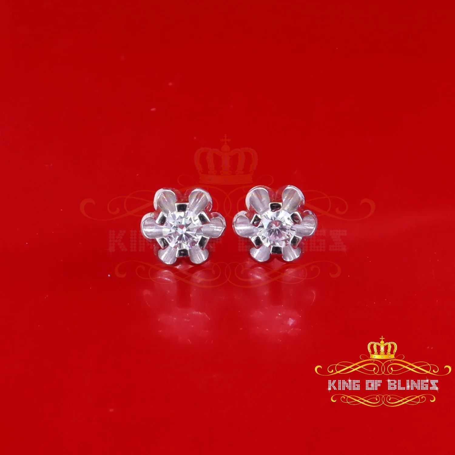 King of Bling's 1.00ct White Round Shape Silver Buttercup Stud Earrings Women's Cubic Zirconia