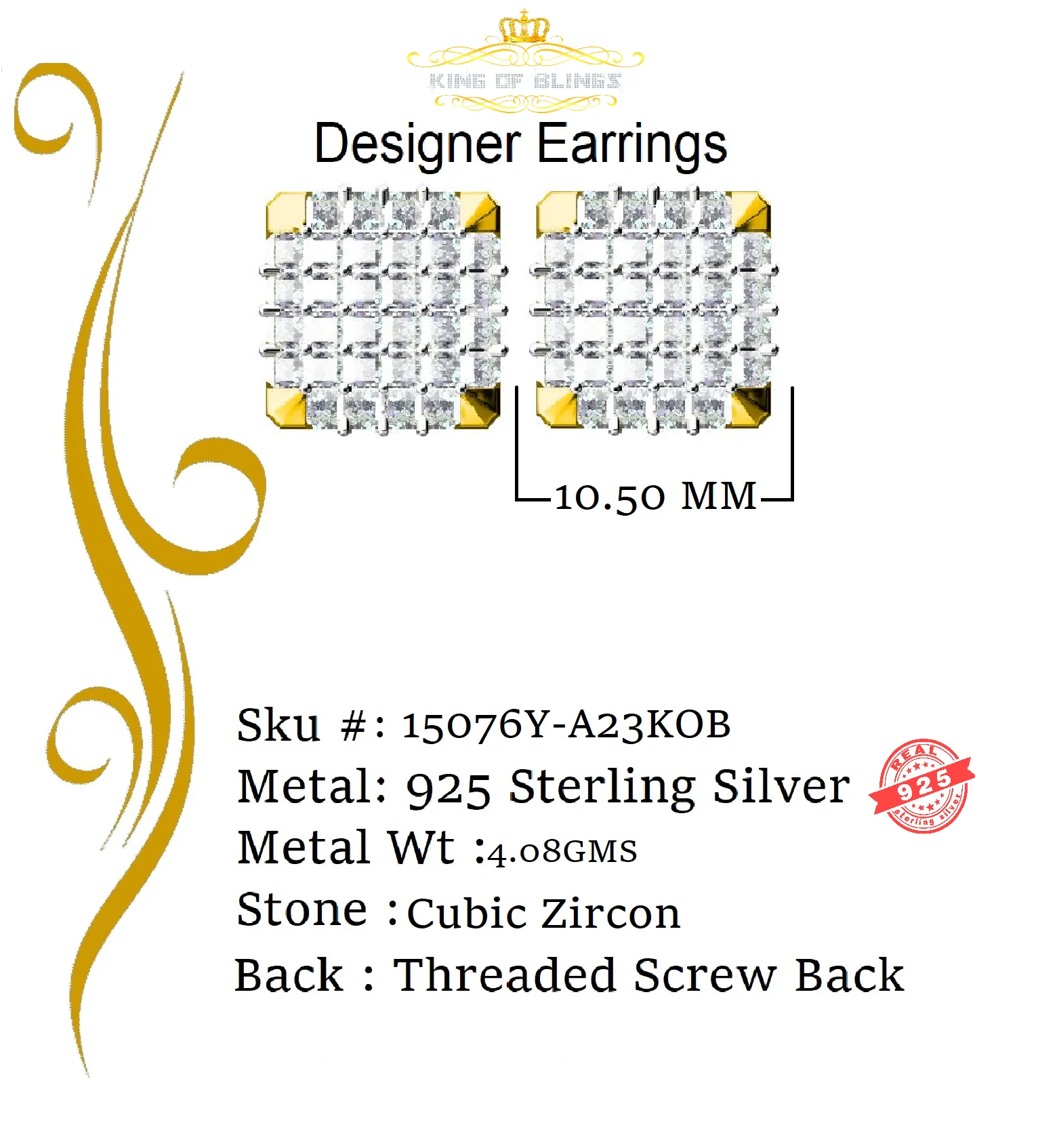 King of Bling's 1.95ct Cubic Zirconia 925 Yellow Silver Women & Men Hip Hop Square Earrings