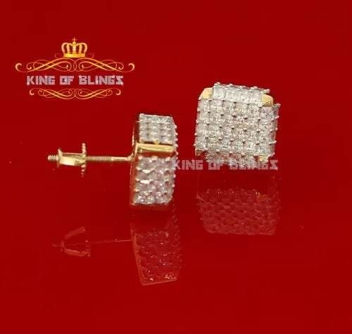 King of Bling's 1.95ct Cubic Zirconia 925 Yellow Silver Women & Men Hip Hop Square Earrings