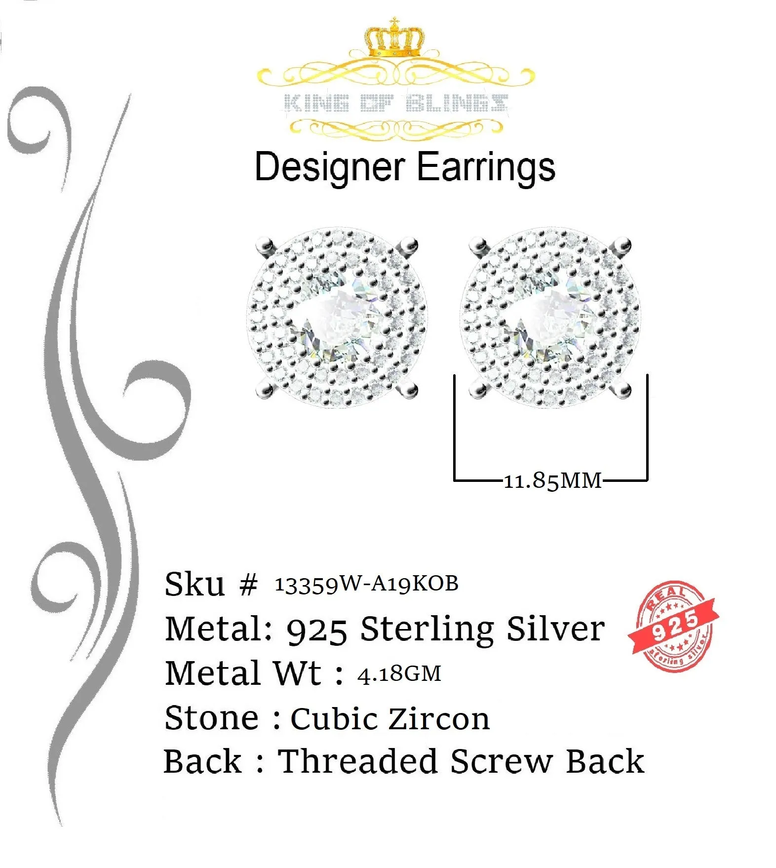 King of Blings- 925 White Sterling Silver 1.07ct Cubic Zirconia Women's Hip Hop Rounds Earrings