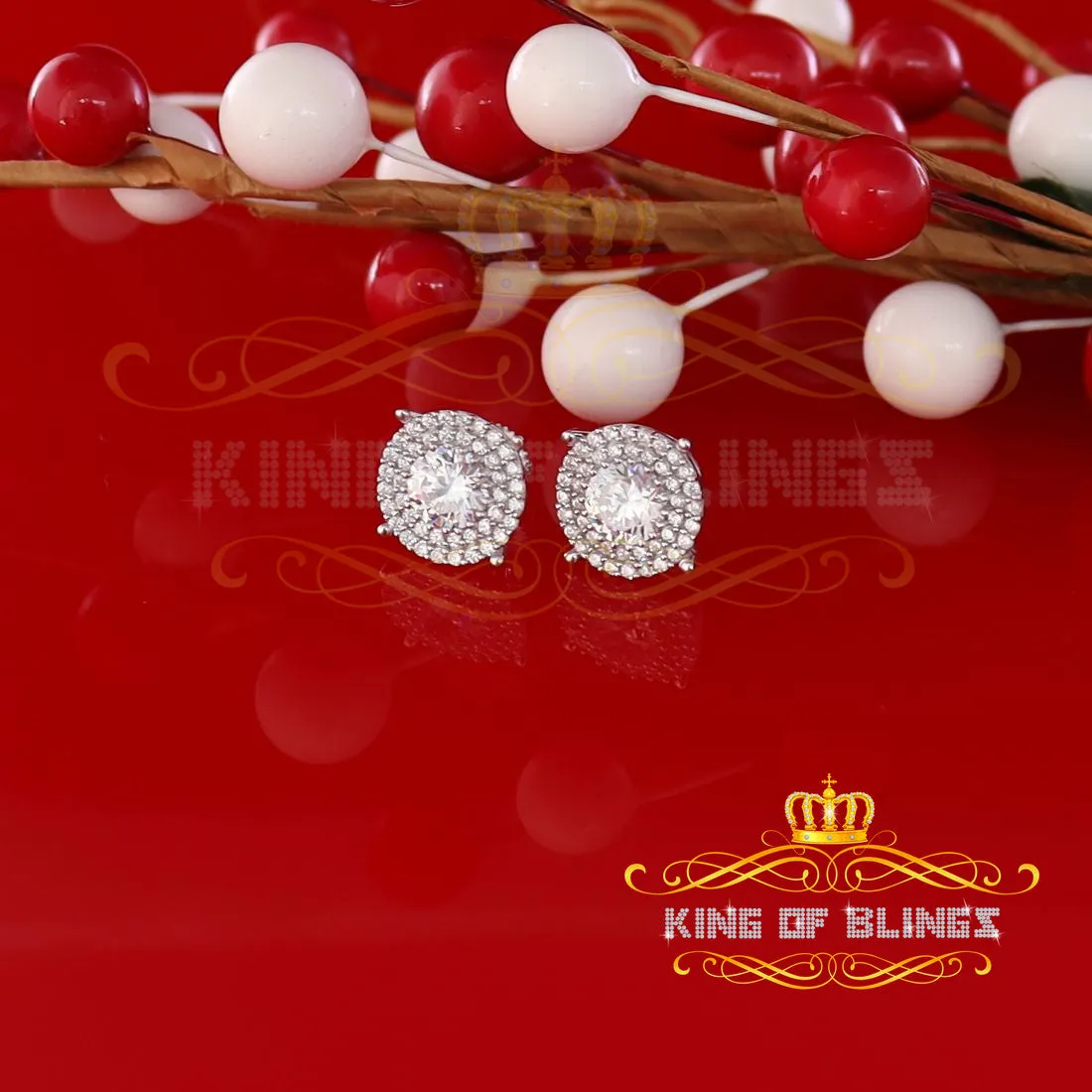 King of Blings- 925 White Sterling Silver 1.07ct Cubic Zirconia Women's Hip Hop Rounds Earrings