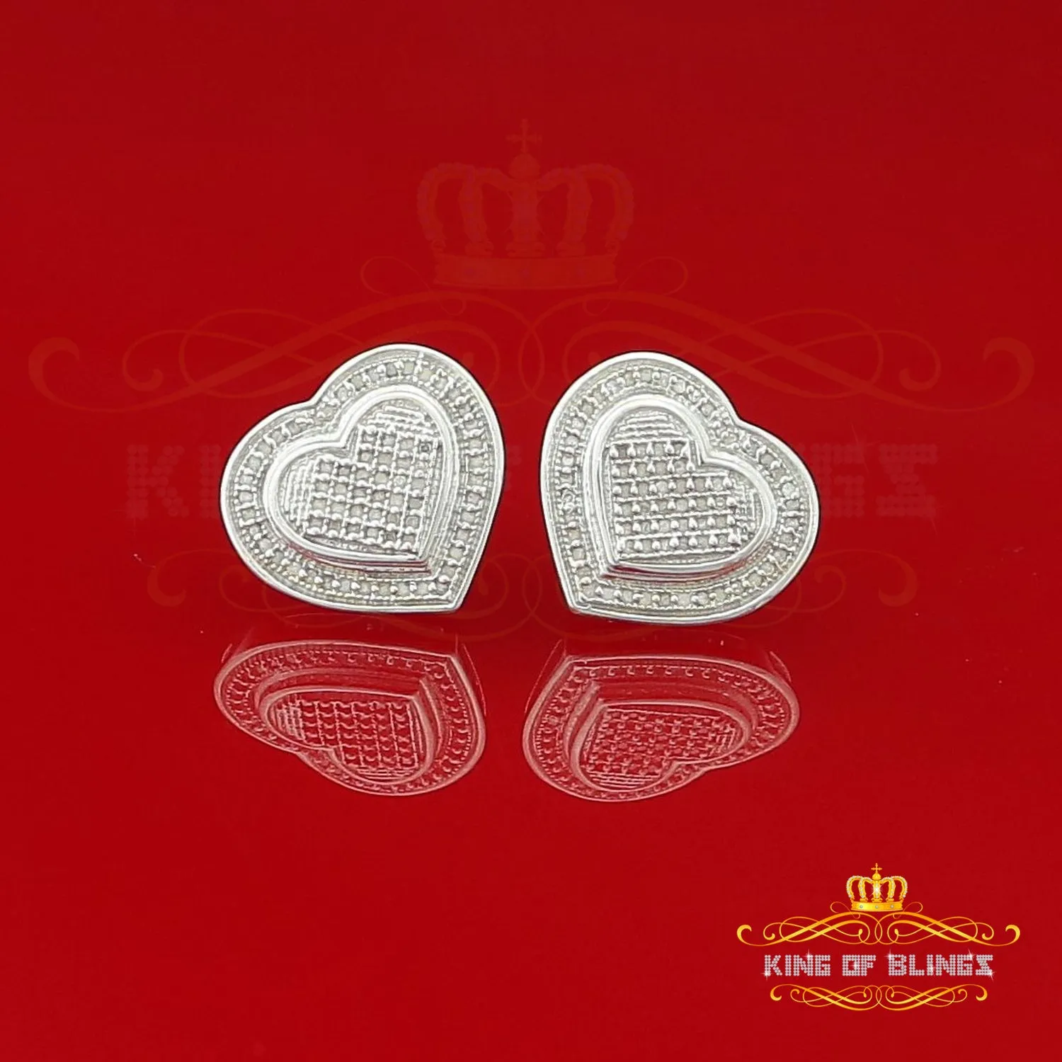 King Of Bling's Aretes Para Hombre 925 White Silver 0.33ct Diamond Women's Heart Style Earrings