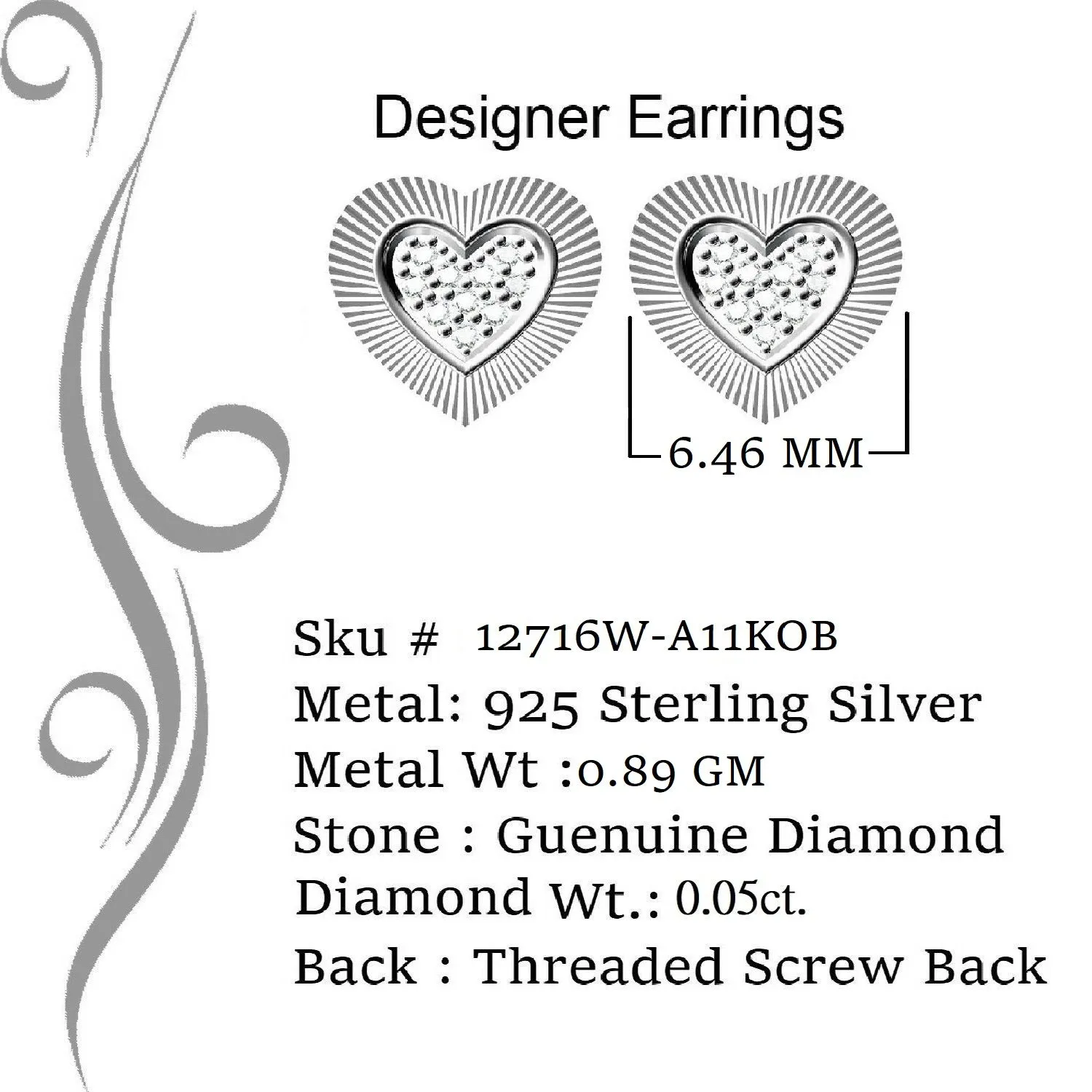 King Of Bling's Aretes Para Hombre Heart 925 White Silver 0.05ct Diamond Women's /Men's Earring