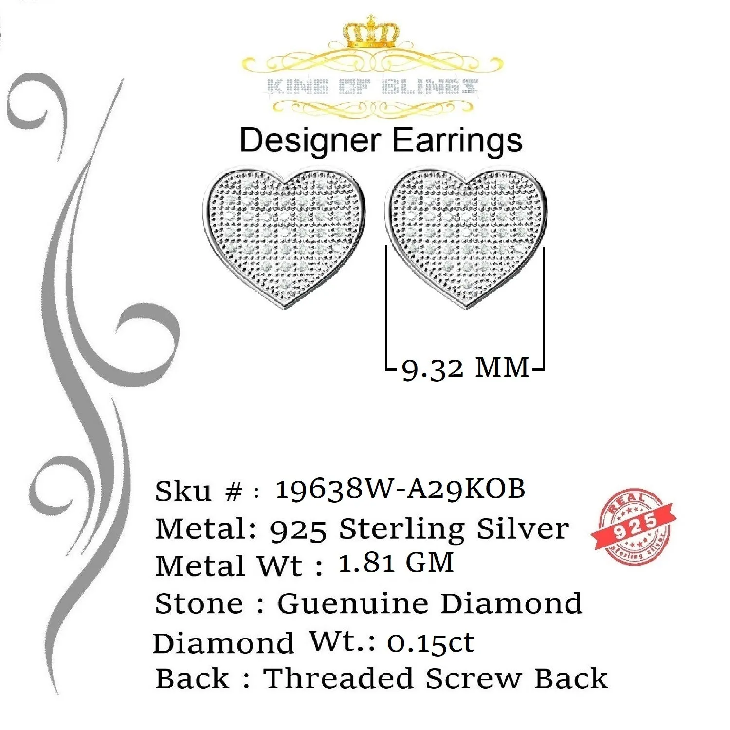 King Of Bling's Aretes Para Hombre Heart 925 White Silver 0.15ct Diamond Women's style Earring