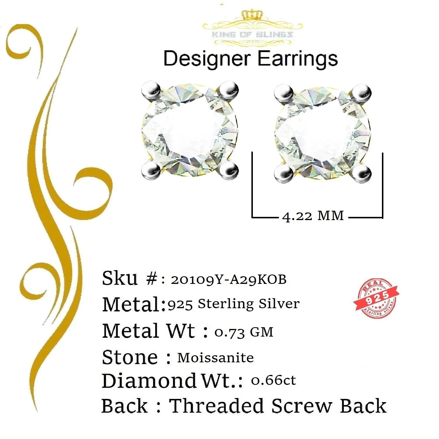 King of Bling's Men's & Women's 925 Silver White 0.66ct VVS 'D' Moissanite Stud Stud Earrings