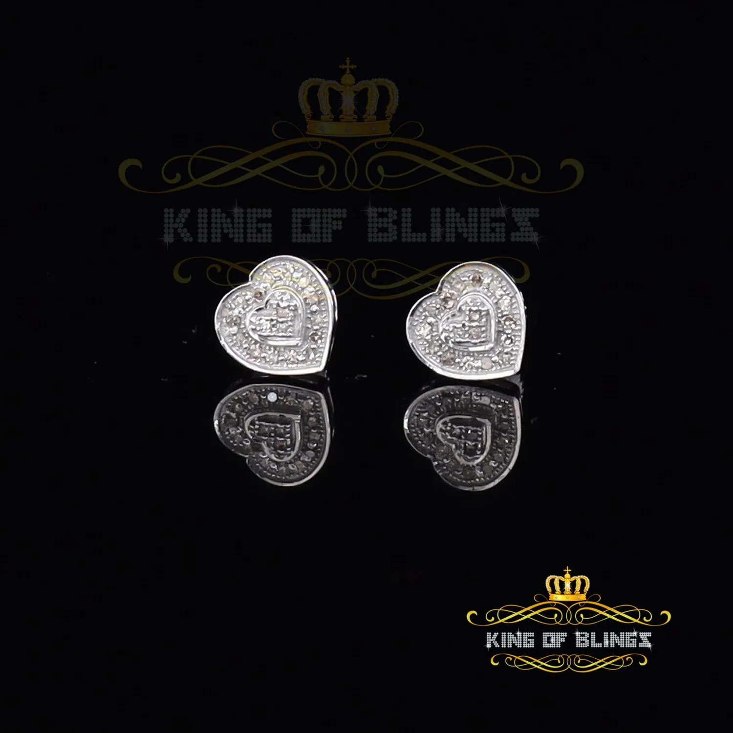 King Of Bling's Micro Pave 0.11ct Real Diamonds 925 White Silver Women's & Men's Heart Earrings