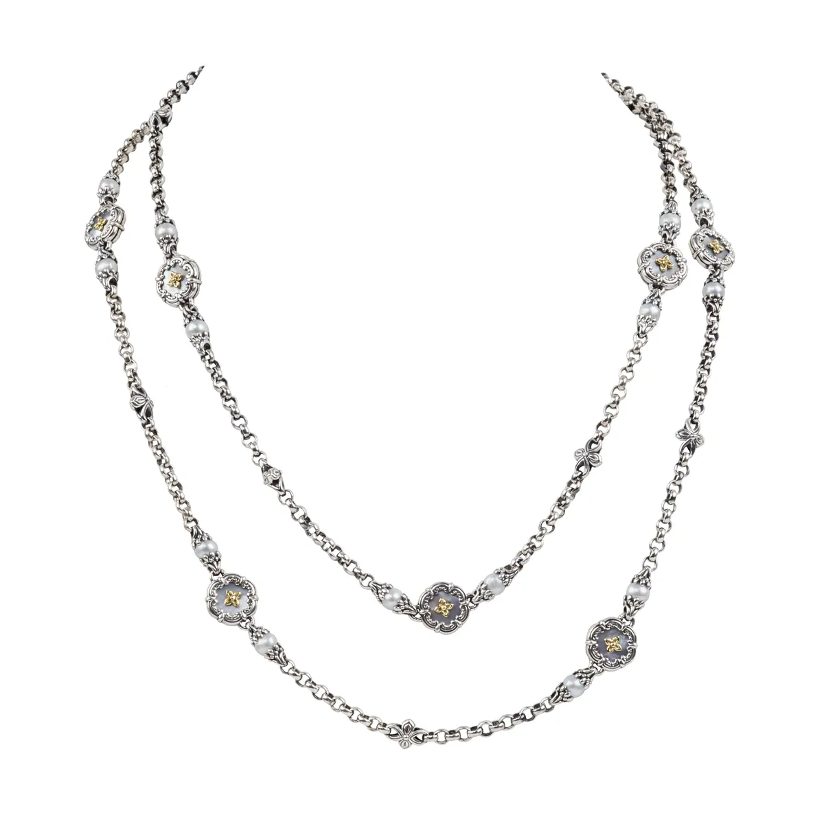 Konstantino Hestia Silver and 18K Gold Mother of Pearl and Pearl Station Necklace