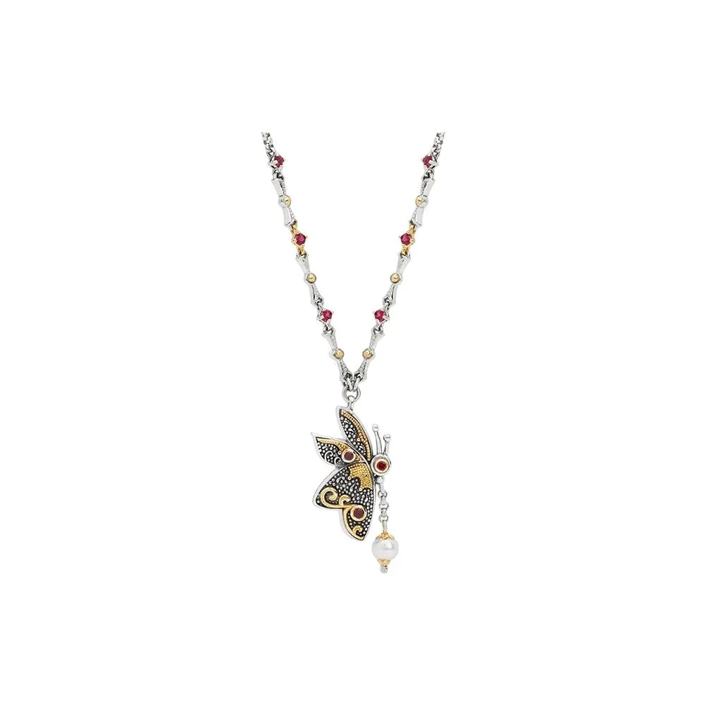 Konstantino Paradise Silver and 18K Gold Corundum & Pearl Butterfly Kiss Necklace