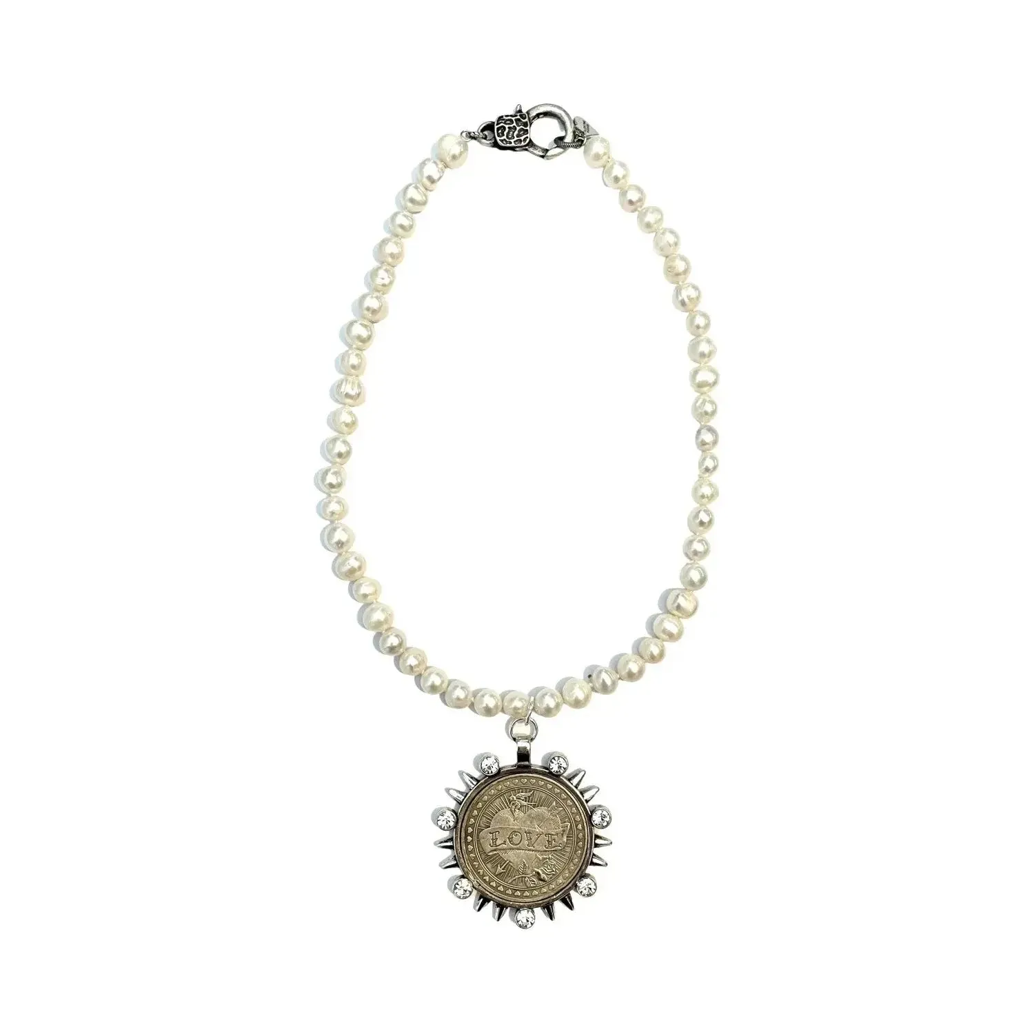 LOVE/PEACE Pearl Necklace - Silver