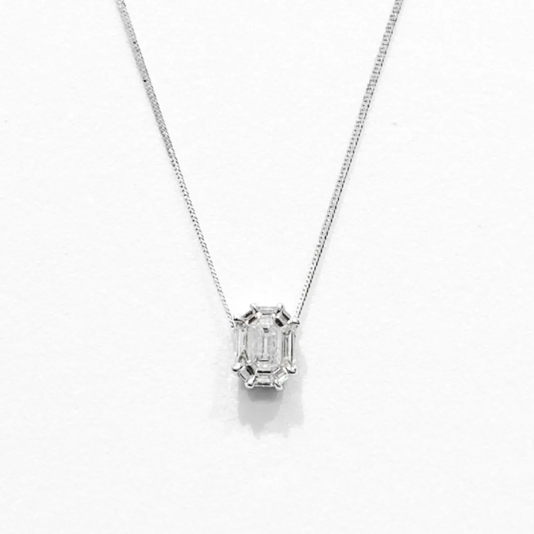 #LVNA2024 | 1.00ct Face Emerald Pie cut Invisible Setting Solitaire Diamond Necklace 18kt White Gold