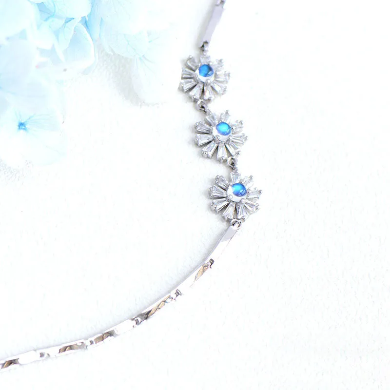 Moonstone Flowers Bracelet in White Gold Plated Silver June Birthstone Jewelry Women