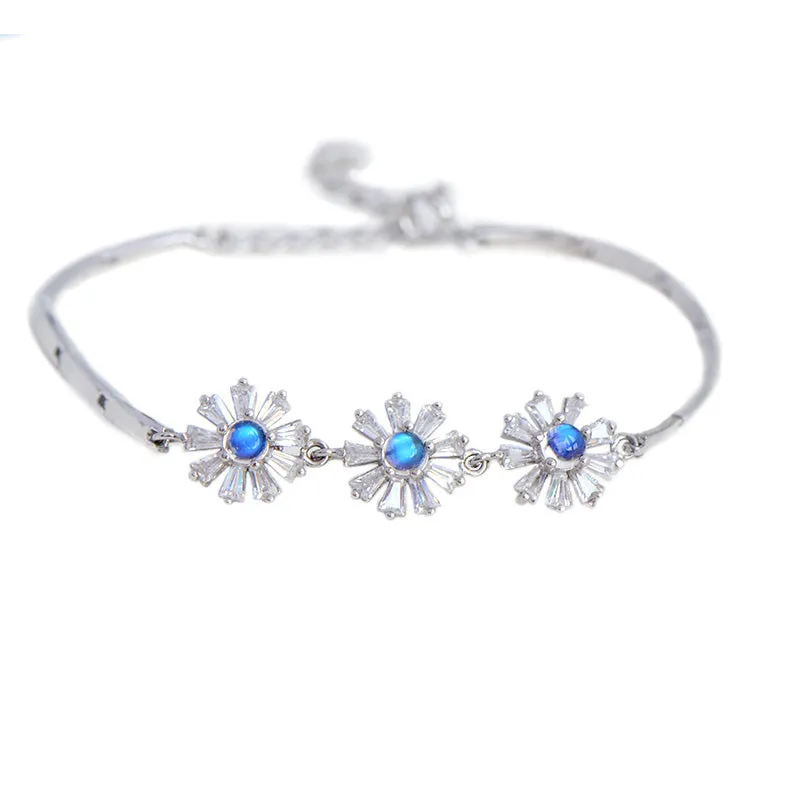 Moonstone Flowers Bracelet in White Gold Plated Silver June Birthstone Jewelry Women