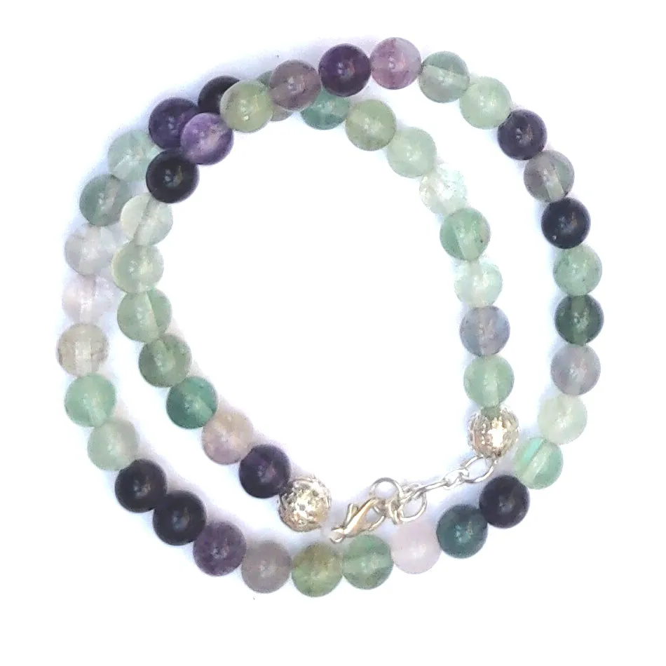 Multi Fluorite Crystal Round Beads Necklace - 15 Inches, 8mm Beads (Semi-Precious Mala)