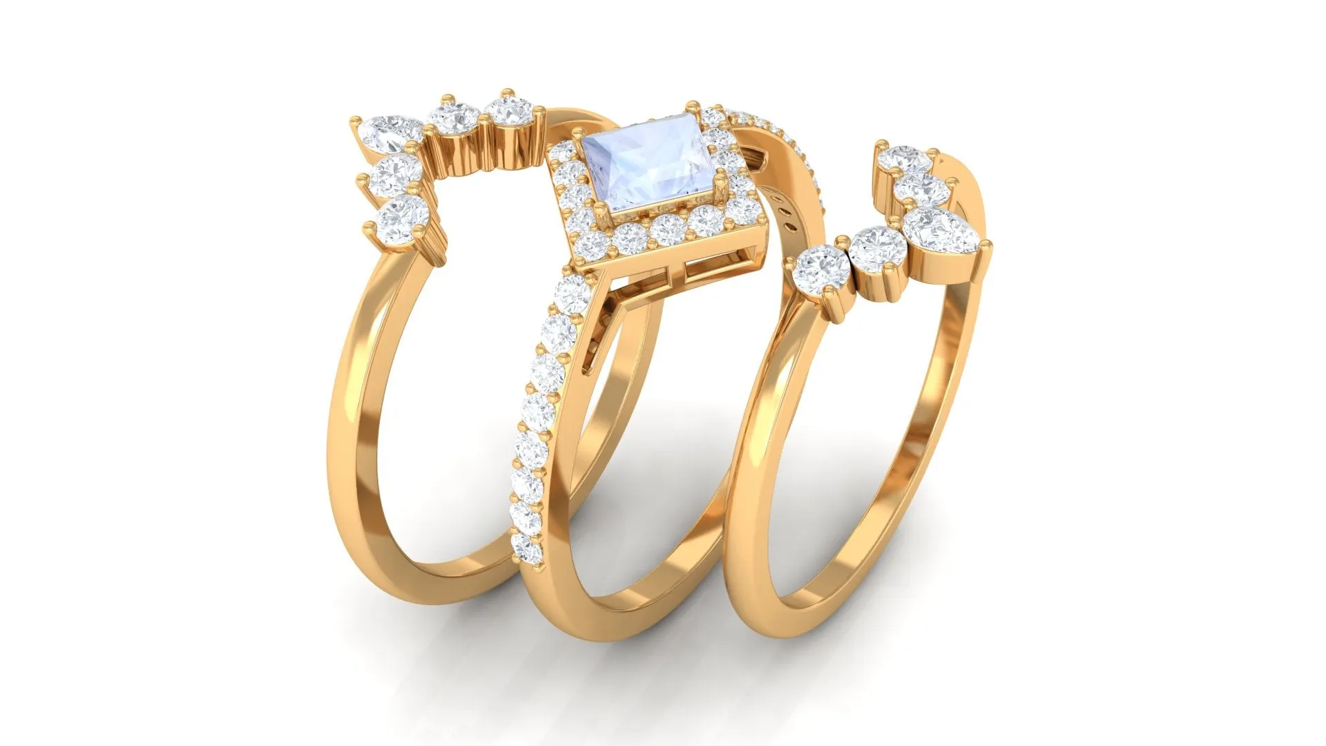 Natural Moonstone and Moissanite Trio Wedding Ring Set