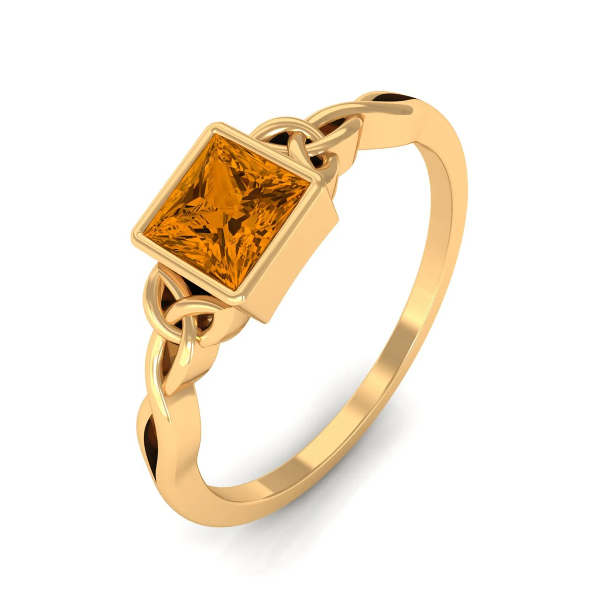 Natural Princess Cut Citrine Solitaire Celtic Ring in Bezel Setting