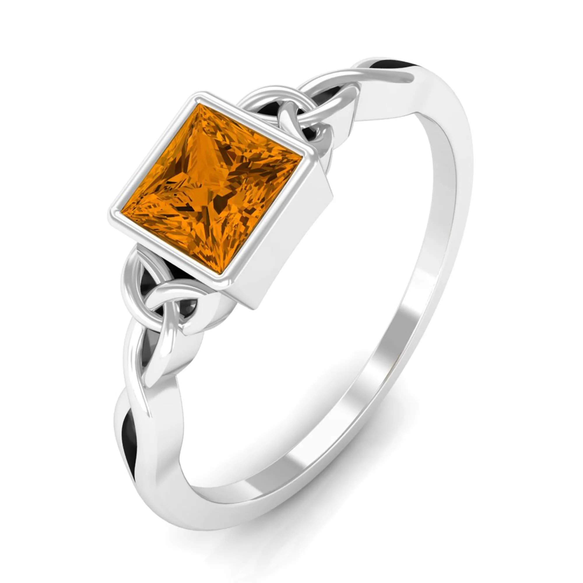 Natural Princess Cut Citrine Solitaire Celtic Ring in Bezel Setting