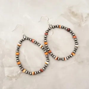 Navajo Pearls & Orange Spiny Oyster Hoop Dangle Earrings Sterling Silver