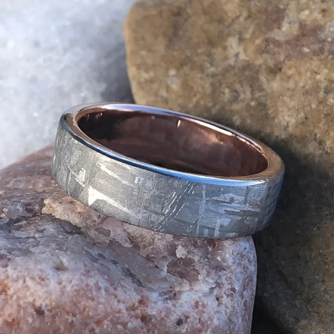 New 6mm Meteorite Ring with 14k Rose Gold Sleeve Wedding Band Custom Made Meteorite Wedding Rings