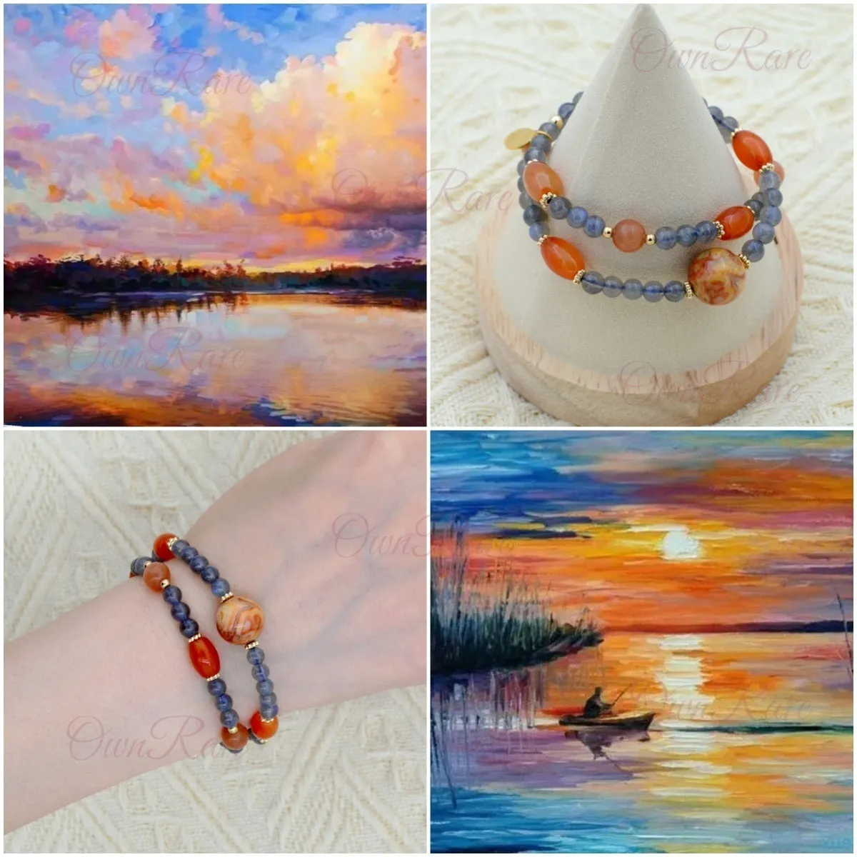 Oil Painting Agate Moon Light Stone Double Loop Jewel Bracelet📿