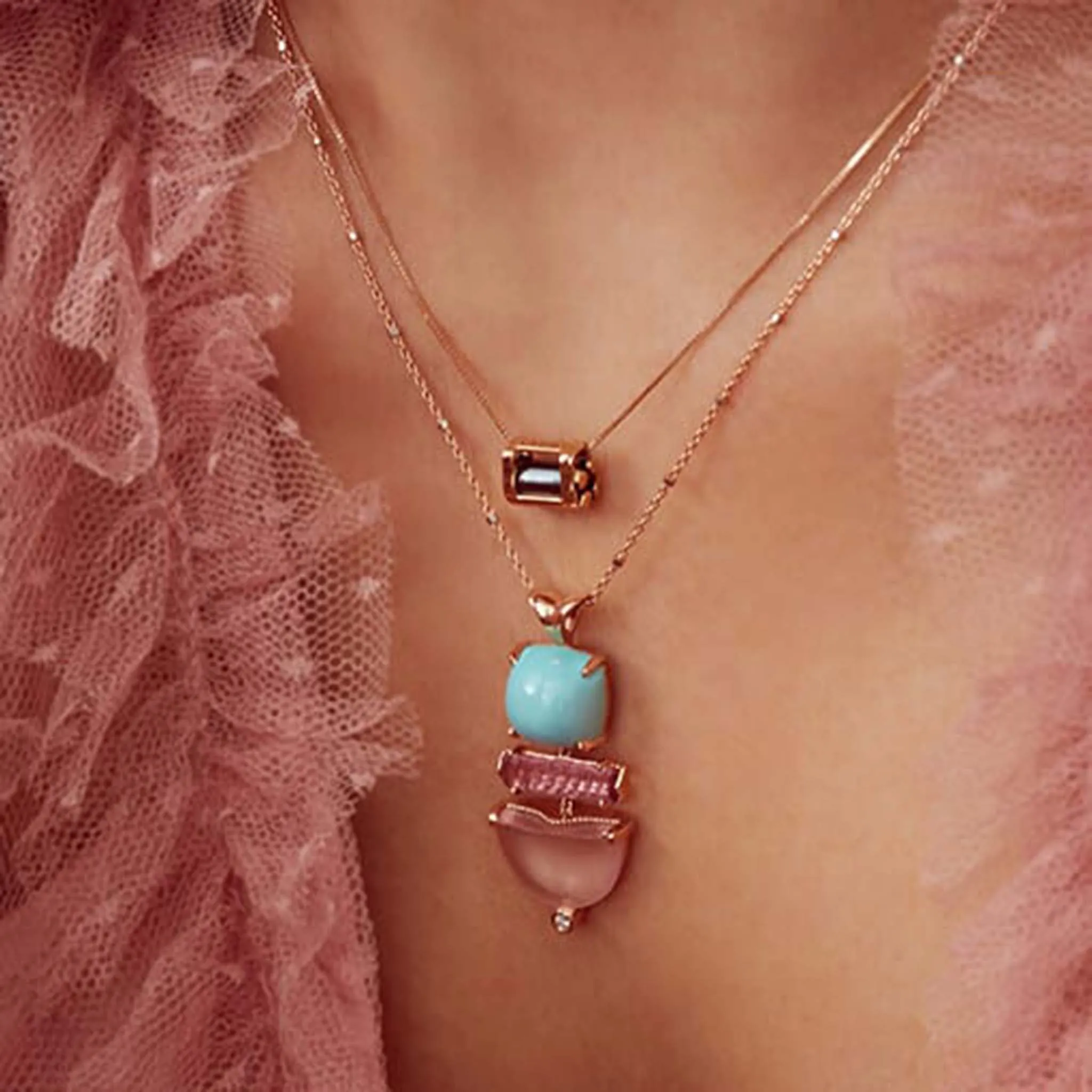 ONE OF A KIND: "Fishin Necklace" with Rose Quartz, Tourmaline   Turquoise