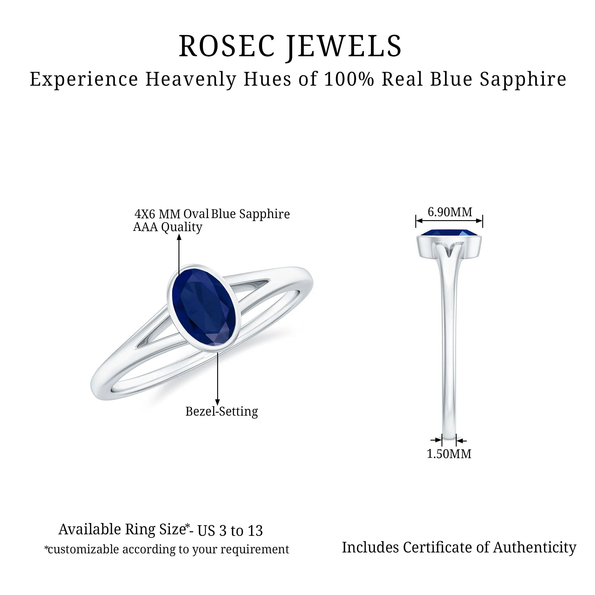 Oval Blue Sapphire Solitaire Engagement Ring in Split Shank