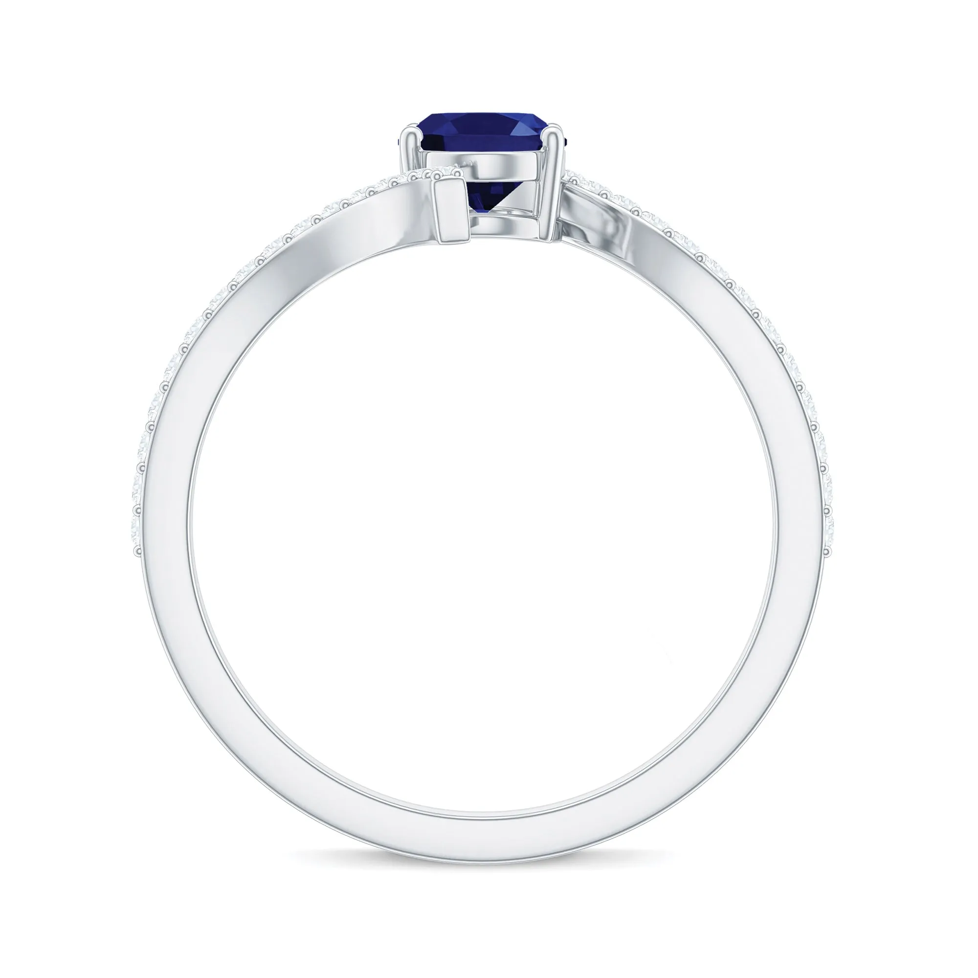 Oval Created Blue Sapphire Solitaire Bypass Engagement Ring with Diamond