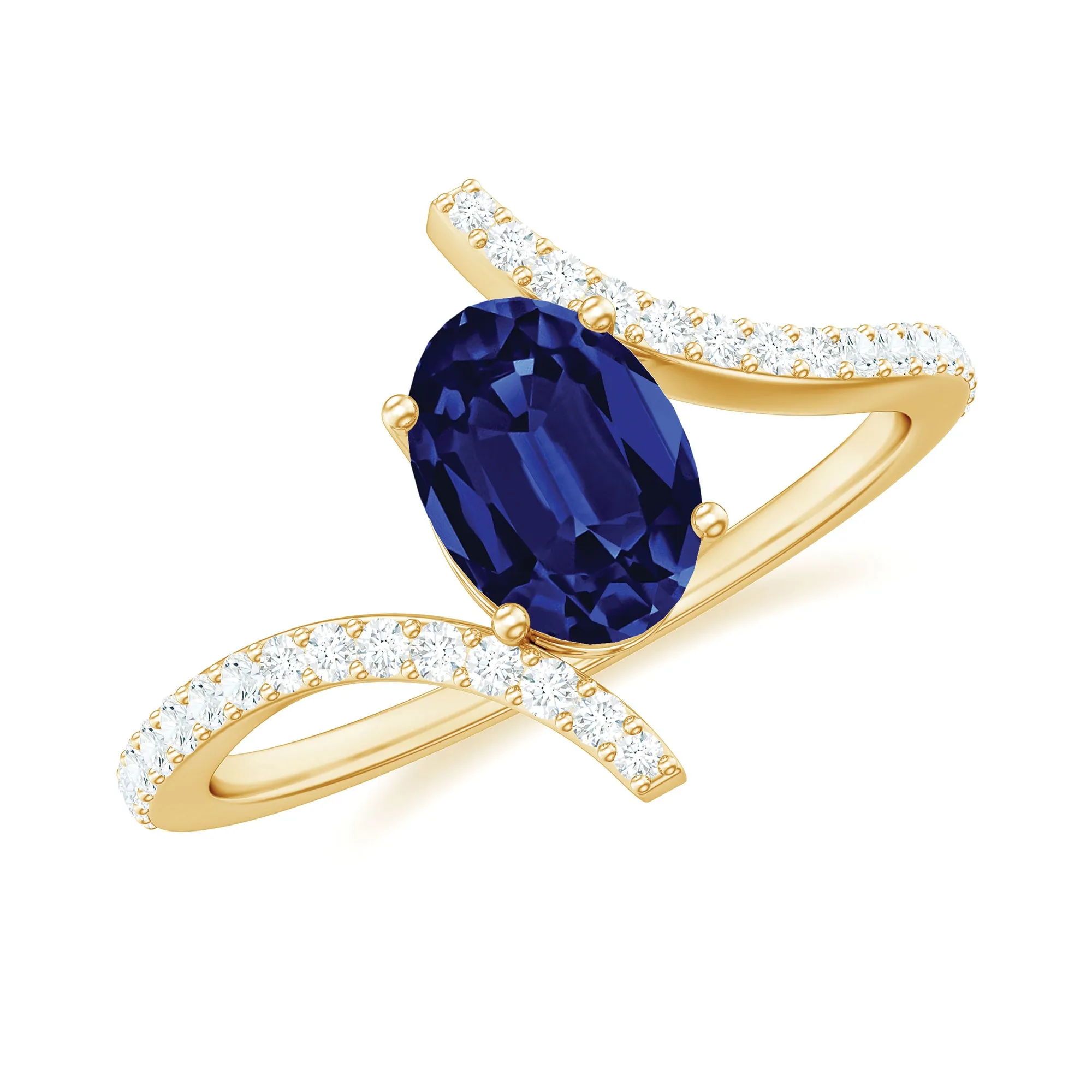 Oval Created Blue Sapphire Solitaire Bypass Engagement Ring with Diamond