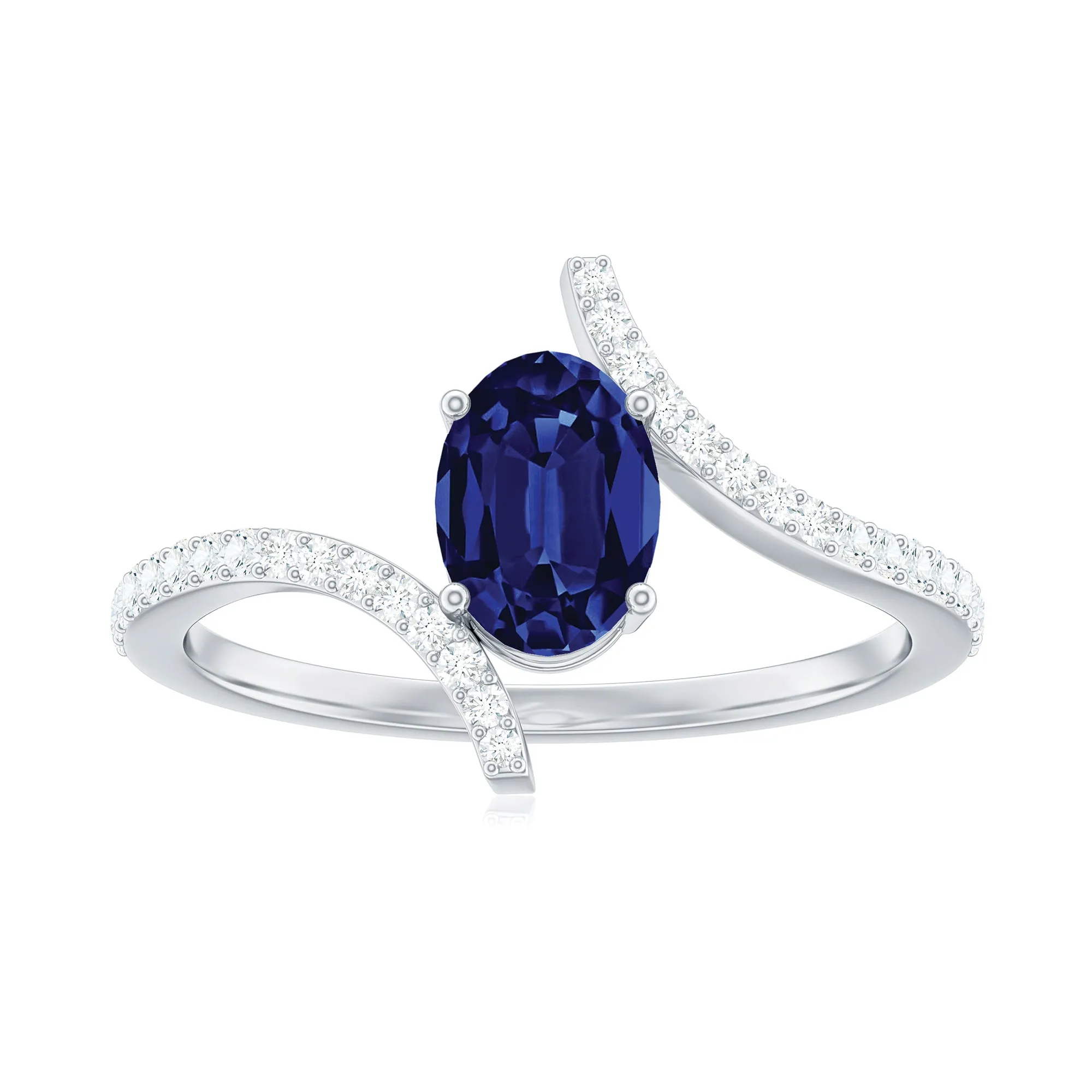 Oval Created Blue Sapphire Solitaire Bypass Engagement Ring with Diamond