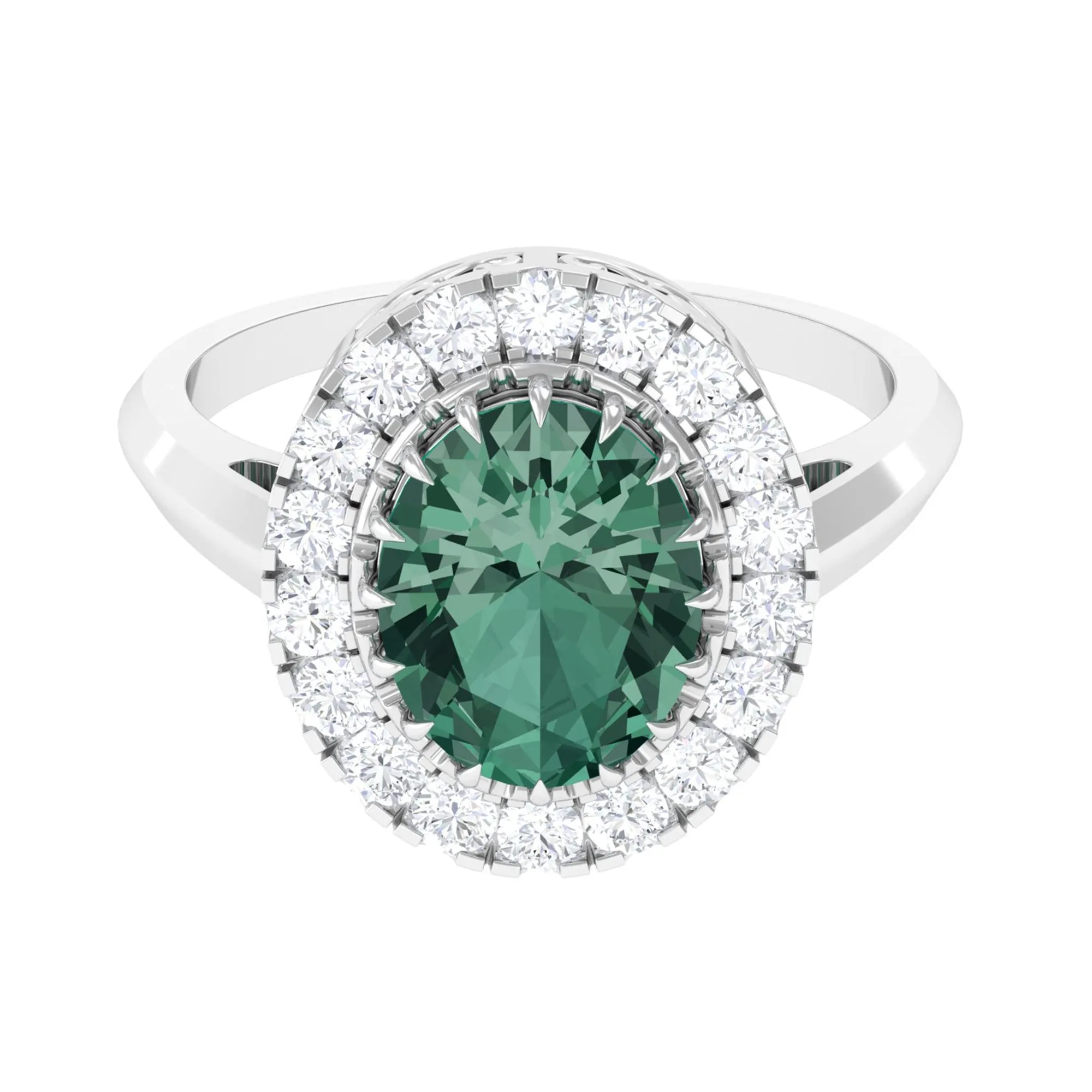 Oval Lab Grown Green Sapphire Engagement Ring with Moissanite Halo